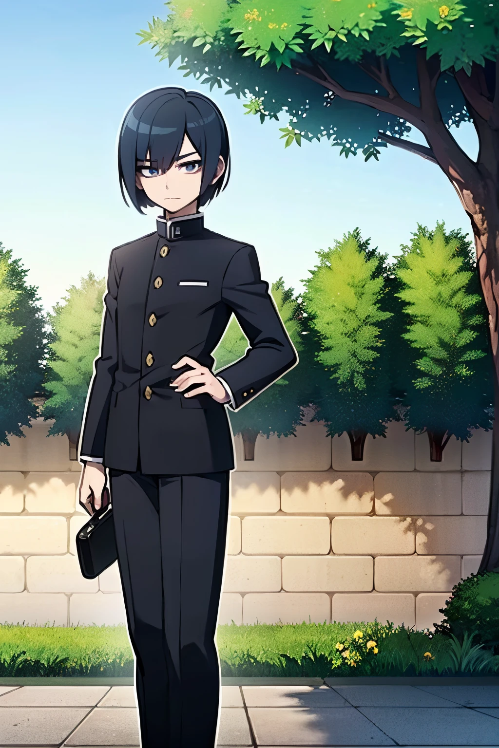 garoto jovem, blue hair, bob hair cut, blue eyes, wearing black student outfits, black gakuran, anime boy, cute anime pose,goro akechi face, , tall anime guy with purple eyes, in a garden, blue sky, 4k, anime style digital art, high quality anime art, black line art, 4k, masterpiece