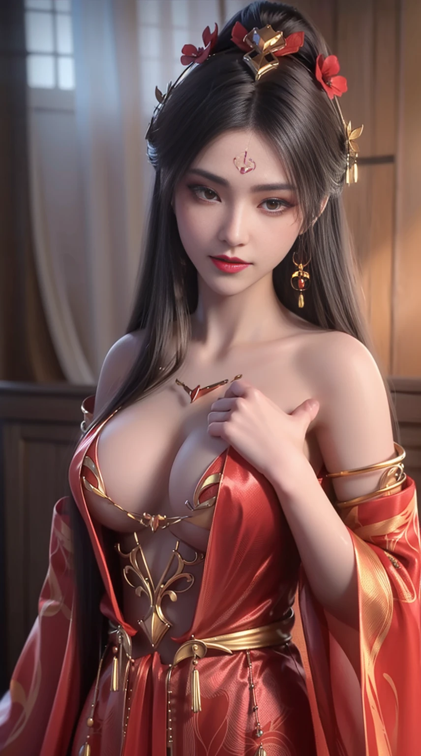 (tmasterpiece, Best quality, 4K, realistically, Cinematic, ultra - detailed), wide wide shot, perfect anatomia, , perfect eyes, Perfect hands, Bigchest, long and round legs, 1 girl, Komagata Yumi, The slender one, Sexy woman with dark hair in bun, light brown eyes, There is a small beauty mark on the left side of the lower lip, wearing red kimono,The collar is opened deliberately, hung loosely on her upper arm, Expose the collarbone, Dress up and put on makeup, Wear heavy eye shadow and bright lipstick,Broken,Broken,face to the viewer,(((Seven-doppelganger portrait)))。