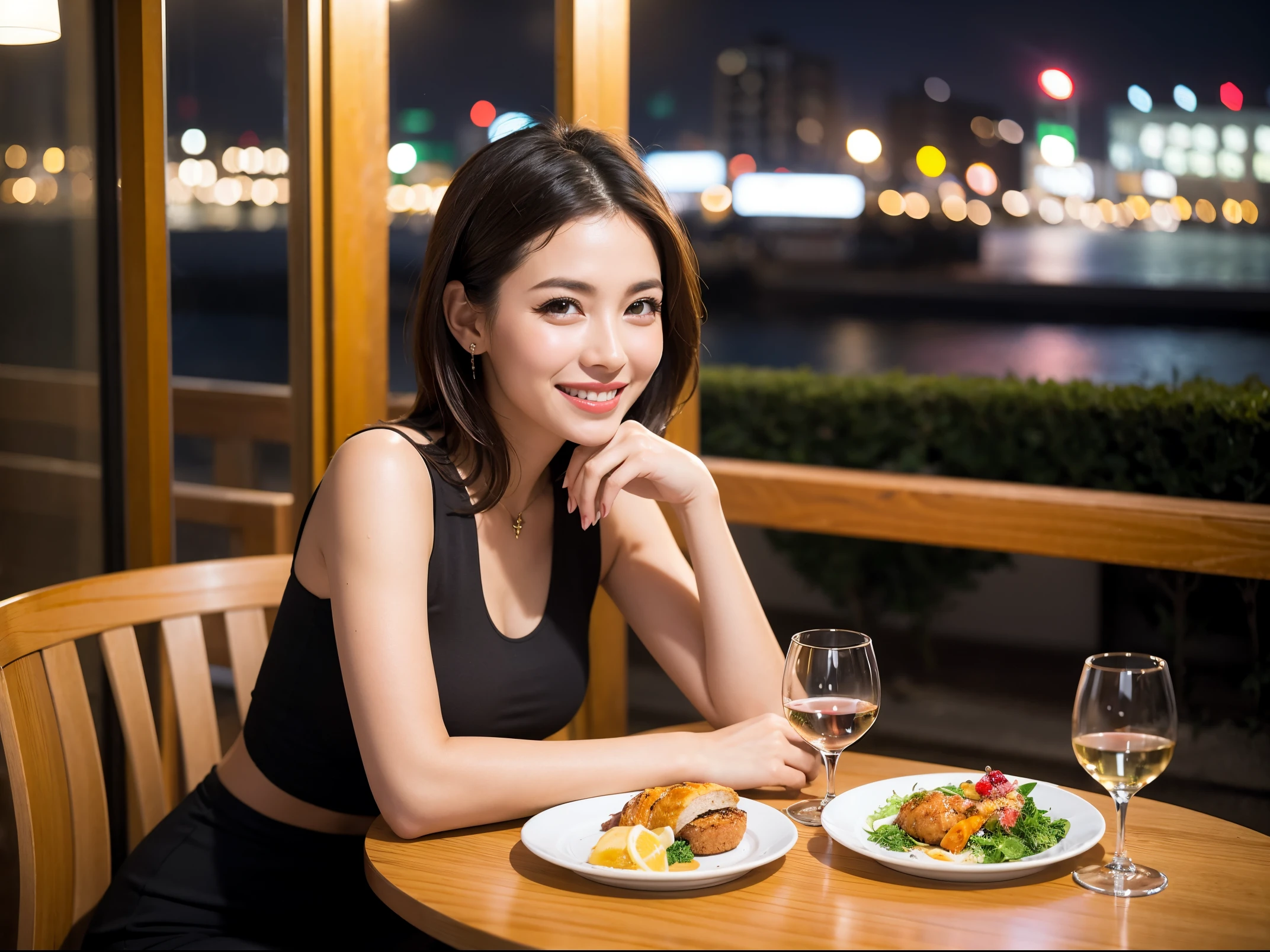 (64k uhd, nffsw, of the highest quality, masutepiece: 1.2), (Realistic, Photorealistic: 1.37), Pretty Woman 1, (Slim Face), (Slim body), (Brown hair), (short-cut), cheeks blush a little, (40 years old), 38 years, Solo, A beautiful and detailed night view spreads out outside the window........, restaurant, Sitting in a wine glass, At night, In a prominent place (from waist up) NovaFrogStyle, actress, Model, waist-up, white wine, slim, wine glasses, Super clean night view, Wine glass placed in the middle, Happy smile, (Smile: 1.15), Beautiful fine eyes, Upper body, Bust Japan Up, Night, Short, Short, actress, Model, waist-up, white wine, slim, wine glasses, Super clean night view, Wine glass placed in the middle, Happy smile,