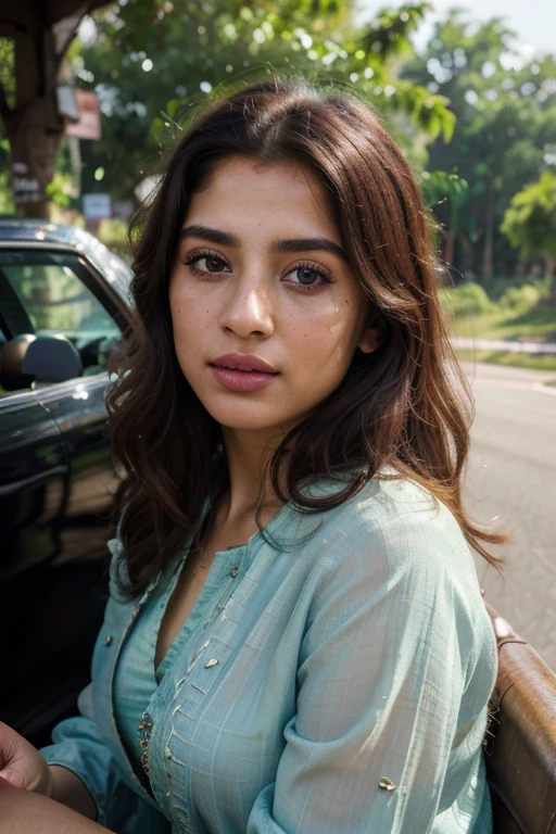 (best quality,8k,highres,masterpiece:1.2),photorealistic,ultra-detailed,vibrant photography of a woman in pakistan , detailed beautiful eyes,fine detailed skin,Natural blissful vibes,freckled face,luscious greenery,soft breeze,ethereal beauty on the road of islamabad