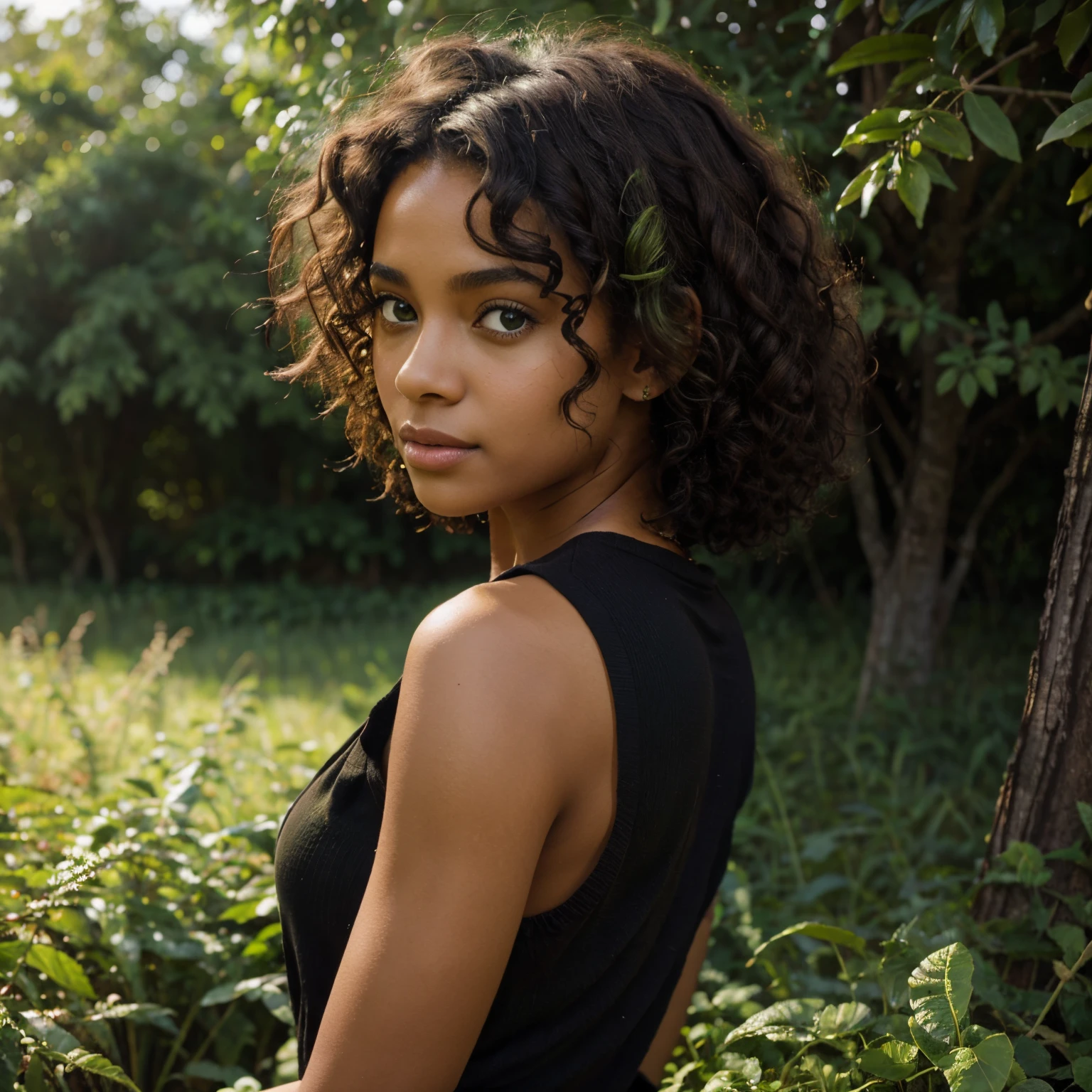 Brown skin black girl turned around oil painting girl with light green eyes, curly hair, surrounded by green nature