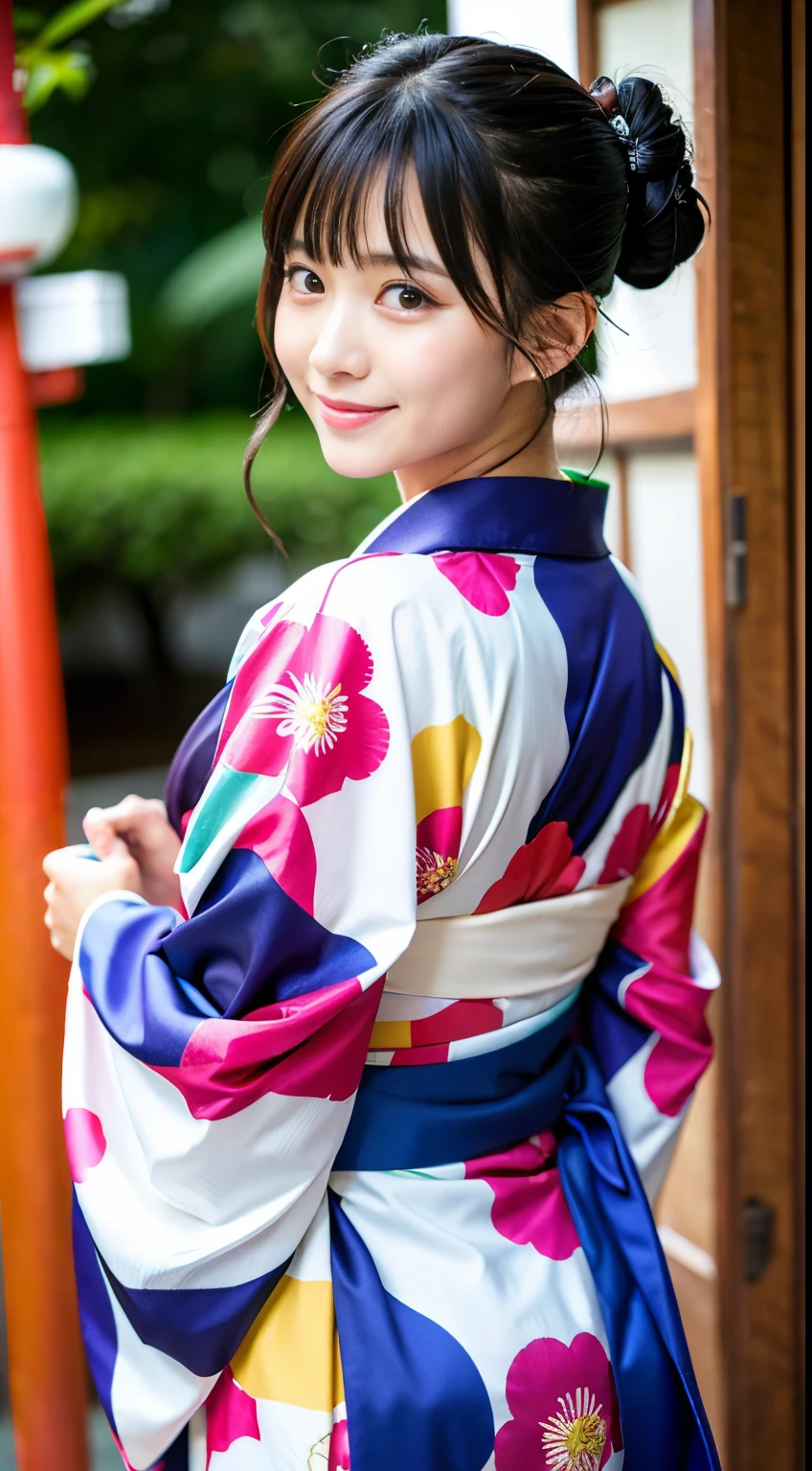 Best-quality, Masterpiece, Ultra-High-Resolution, (Photorealistic:1.4), Raw-Photo, Extremely-Details, Perfect-Anatomy, 1girl, the most popular Japanese idol, wearing only gorgeous colorful Japanese KIMONO, detailed gorgeous colorful Japanese KIMONO, innocent smile, looking at viewer, upturned ass wearing gorgeous colorful Japanese KIMONO, cowboy-shot, extremely cute face like a very famous Japanese idol, extremely beautiful big black eyes, extremely beautiful black hair, extremely beautiful white skins, extremely beautiful hip wearing gorgeous colorful Japanese KIMONO, extremely beautiful thighs wearing gorgeous colorful KIMONO, detailed cute face, detailed beautiful big black solid circle eyes, detailed beautiful hair, detailed beautiful white skins, detailed beautiful ass wearing gorgeous colorful Japanese KIMONO, detailed beautiful hip wearing gorgeous colorful Japanese KIMONO, detailed beautiful thighs wearing gorgeous colorful Japanese KIMONO