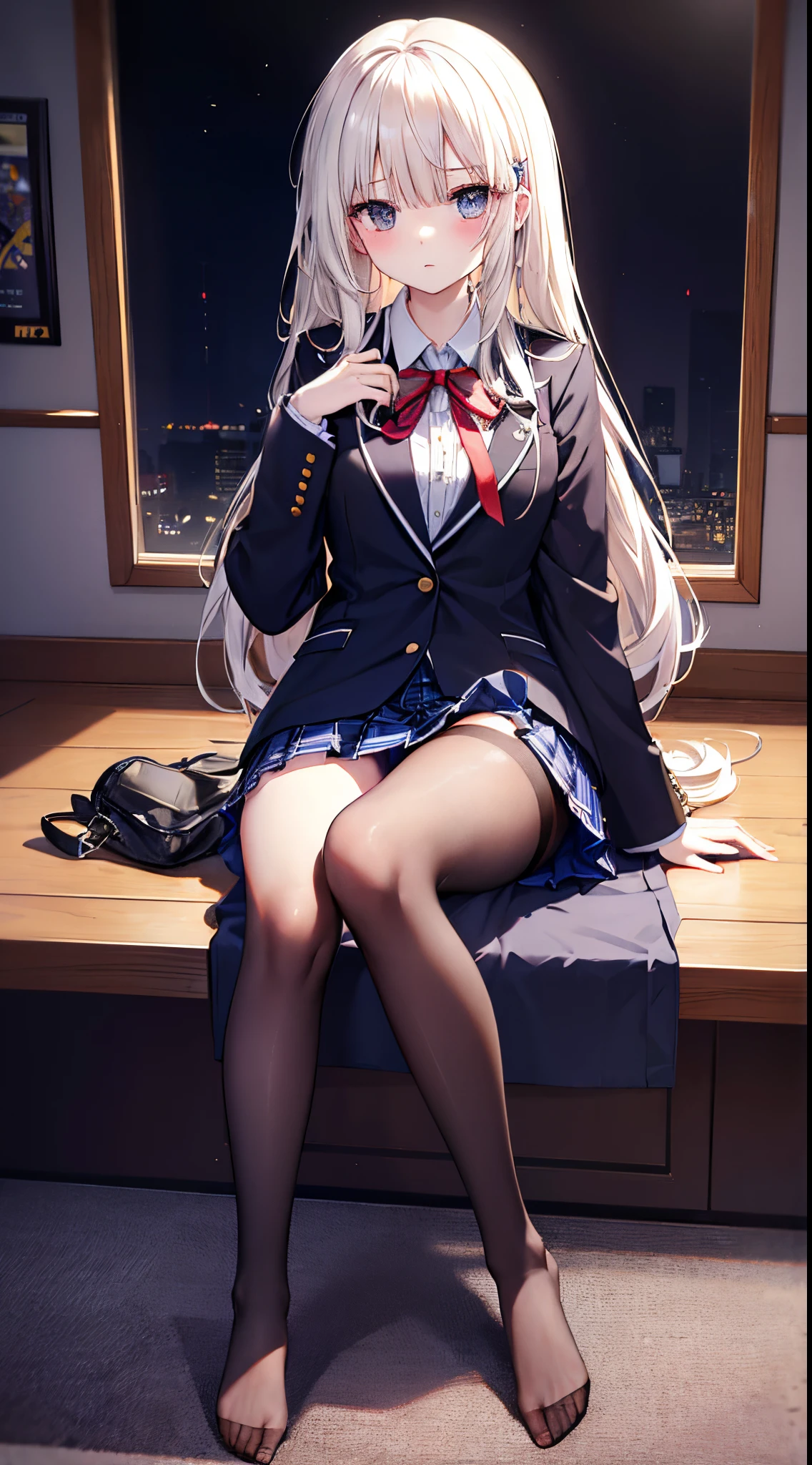 highest grade、masterpiece、HDTV、(full bodyesbian)、(frontage)、(bilaterally symmetrical)、A mature and tall Japanese high school girl、soio、(Full body view from head to toe)、(feet without shoes)、(M-shaped legs)、sitting composition、Composition with legs spread and crotch visible、Slightly low angle、(White ruffled panties)、small tits、(Black tights)、(black pantyhose)、(Composition showing white panties)、A very beautiful and tall girl.、(I'm not wearing shoes)、(bangss)、Unkempt hair、(hair clips)、pale blush、Looking at the camera、slender leg、 High School Uniform Blazer、High School Uniform White Blouse、high school uniform blue ribbon、High school uniform plaid and navy pleated skirt
