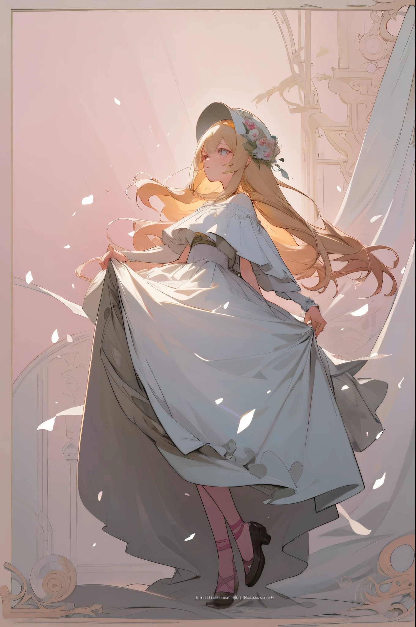 Anime poster with light pink background and children's group confetti roses、anime cover、 anime work、 work of art、 Fan art、Gubes on pixiv Art Station、Kabashi、 high detail illustration、cute art style、digital anime illustration、Work in the Gwitz style、Key visual concept of anime、Guvits at Art Station、(extreamly delicate and beautiful)、(beautiful and detailed eye description)、ultra-detailliert、 tmasterpiece、 }} girl in Lori clothes, roses on the dress and headdress, long blond hair, full length, blond shoes