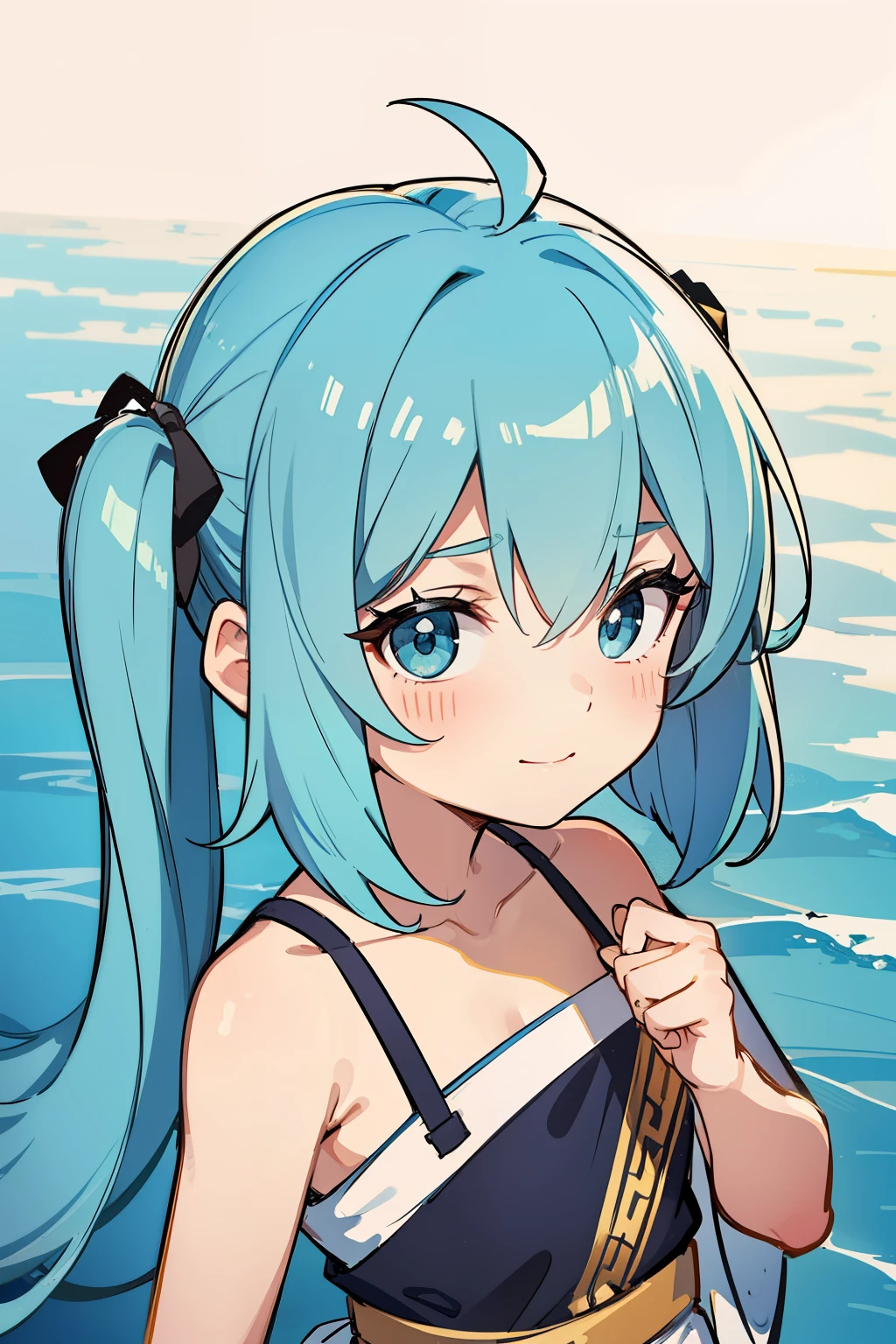 (high-quality, breathtaking),(expressive eyes, perfect face) 1girl, girl, solo, young kid, child, chibi, toddler, long blue hair, green coloured eyes, stylised hair, gentle smile, medium length hair, loose hair, side bangs, curley hair, really spiky hair, spiked up hair, pigtails, looking at viewer, portrait, ancient greek clothes, blue black and white tunic, white Chlamys, sleeveless, greek, blue and gold sash, ocean background, ribbon accessories in hair, slightly narrow eyes, baby face, baby body, small body, small head, 36½ inches tall, chibi art style