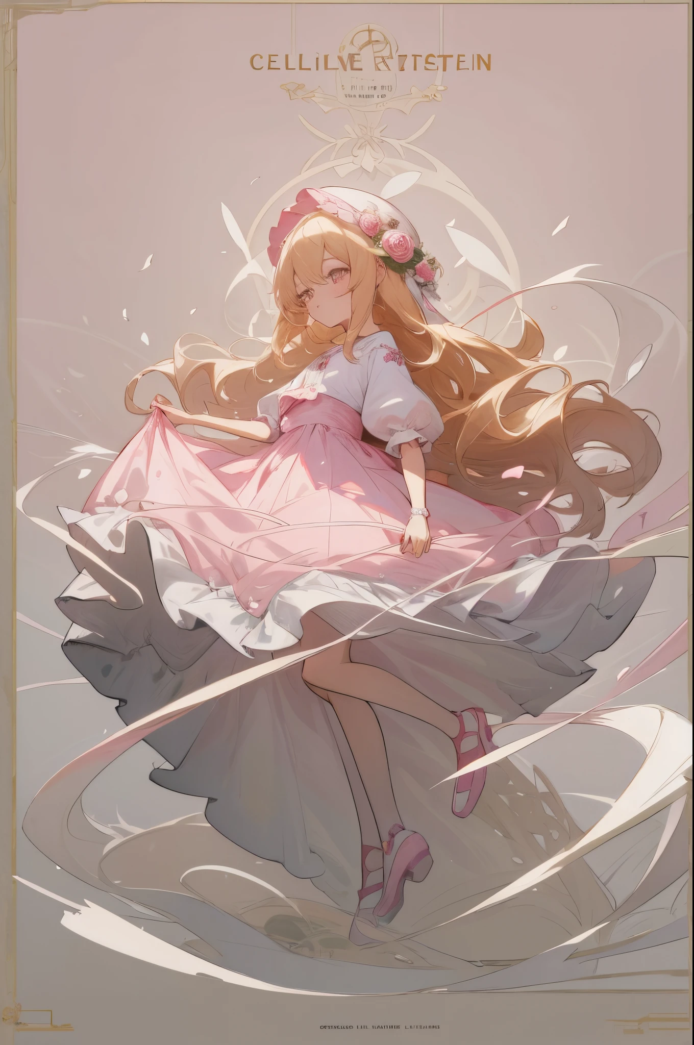 Anime poster with light pink background and children's group confetti roses、anime cover、 anime work、 work of art、 Fan art、Gubes on pixiv Art Station、Kabashi、 high detail illustration、cute art style、digital anime illustration、Work in the Gwitz style、Key visual concept of anime、Guvits at Art Station、(extreamly delicate and beautiful)、(beautiful and detailed eye description)、ultra-detailliert、 tmasterpiece、 }} girl in Lori clothes, roses on the dress and headdress, long blond hair, full length, blond shoes