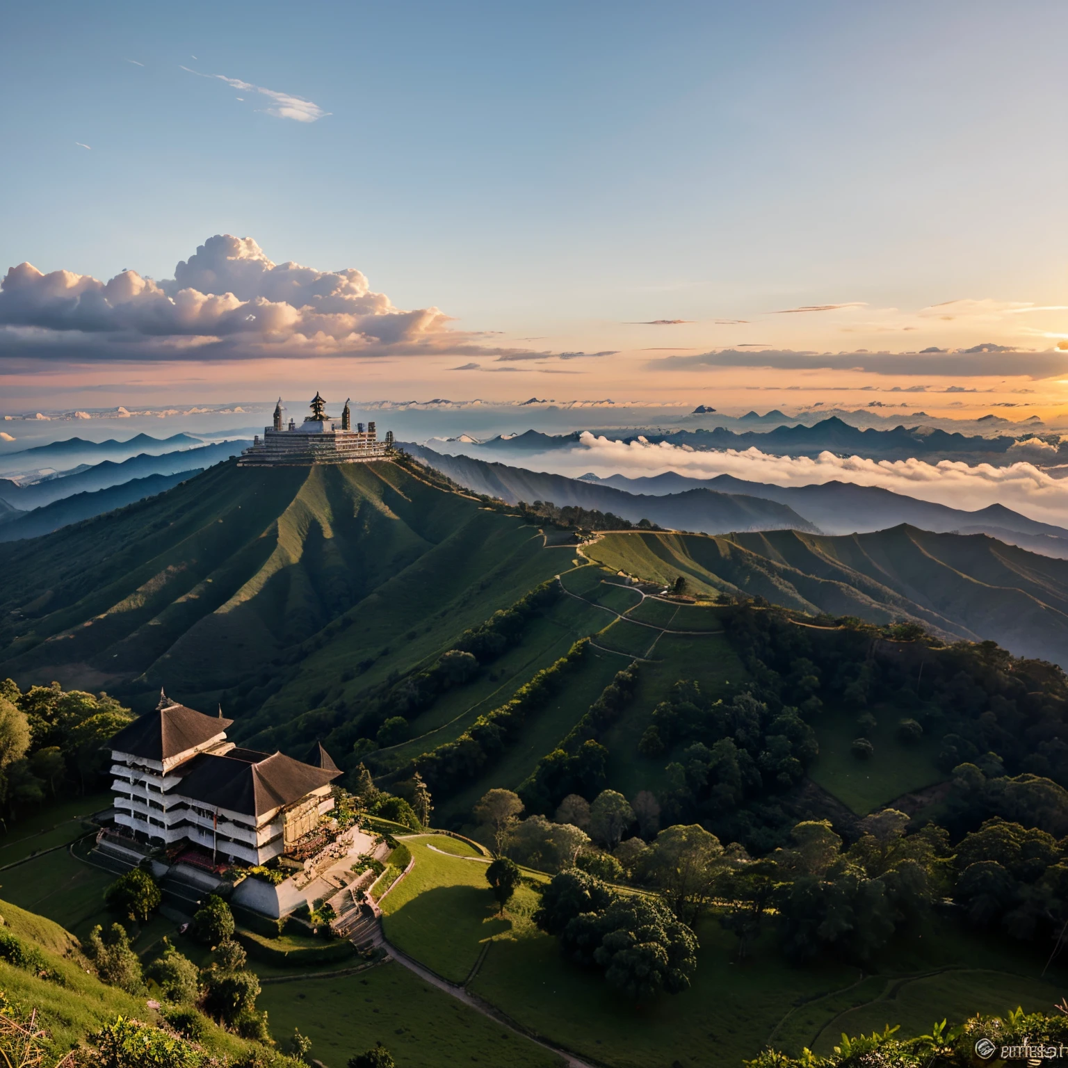 Pemandangan di puncak gunung es melihat istana di awan
