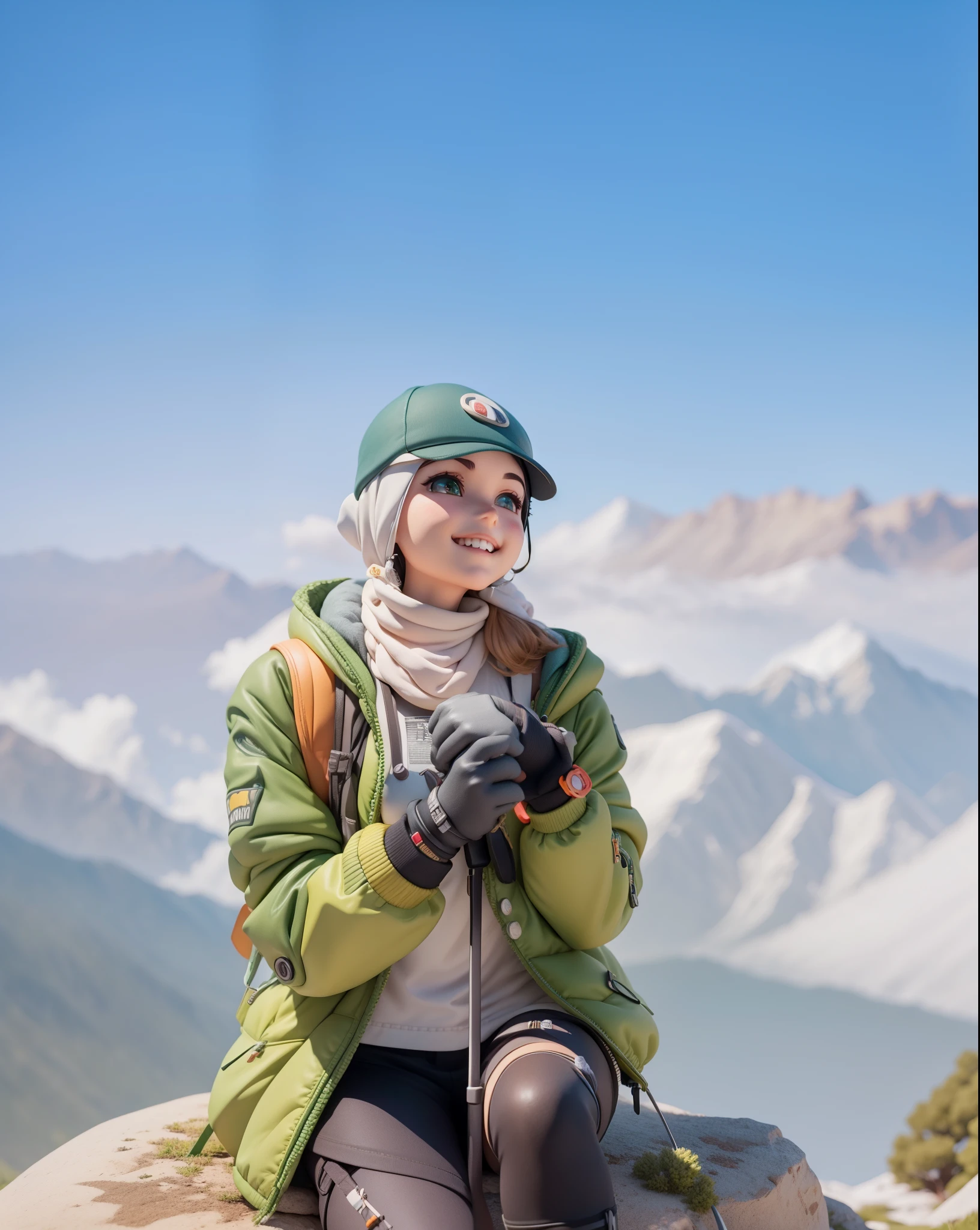 There is a poster with a cartoon character wearing a hat and backpack, a beautiful mini female explorer girl, wearing gloves, a green jacket, a white t-shirt and black trousers, a beautiful smile, beautiful big eyes, sitting on a mountain peak, animation style rendering, cute 3D rendering, minor character. Unreal Engine 5, stylized anime, cute detailed digital art, Atey Ghailan 8 K, stylized 3D rendering, adventure surreal rendering, anime style 3D, stylized 3D rendering, hair covered in hijab, hijab is yellow