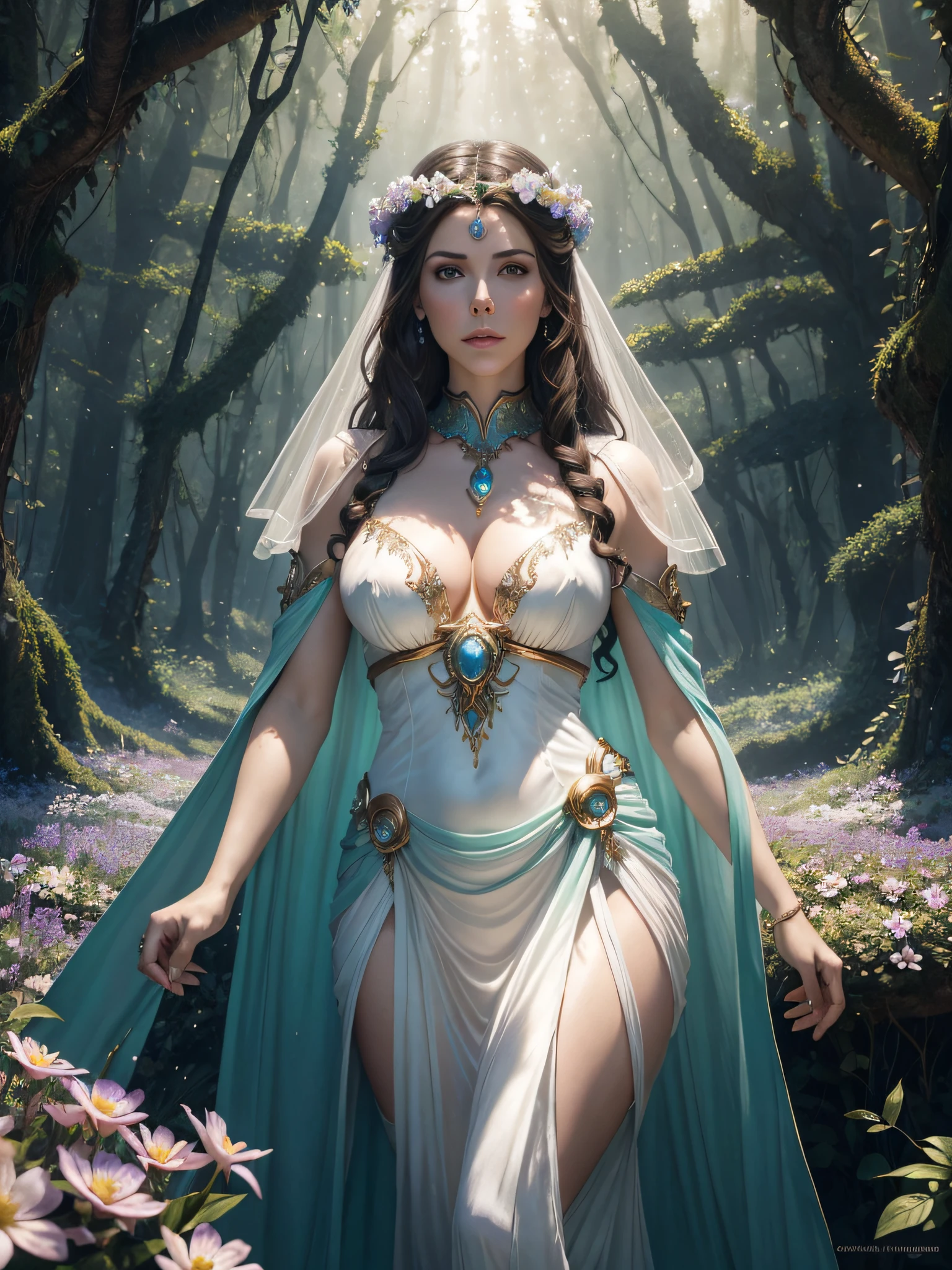 portrait of: arafed woman in a flowing iridescent pearl white dress in a forest, aqua ethereal light, goddess of light, heather theurer, beautiful maiden, fey queen of the summer forest, ethereal light, goddess of the forest, ethereal fantasy, magali villeneuve', ethereal glow, style of donato giancola, portrait of queen of light, inspired in donato giancola, numerous flowers all over/ magic the gathering art/ face of Kendra Lust, pretty hands