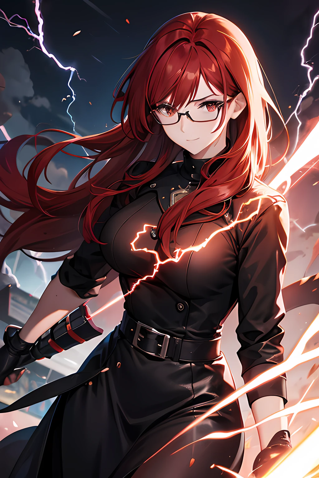 red hair, glasses, black dress, mature female, lightning aura