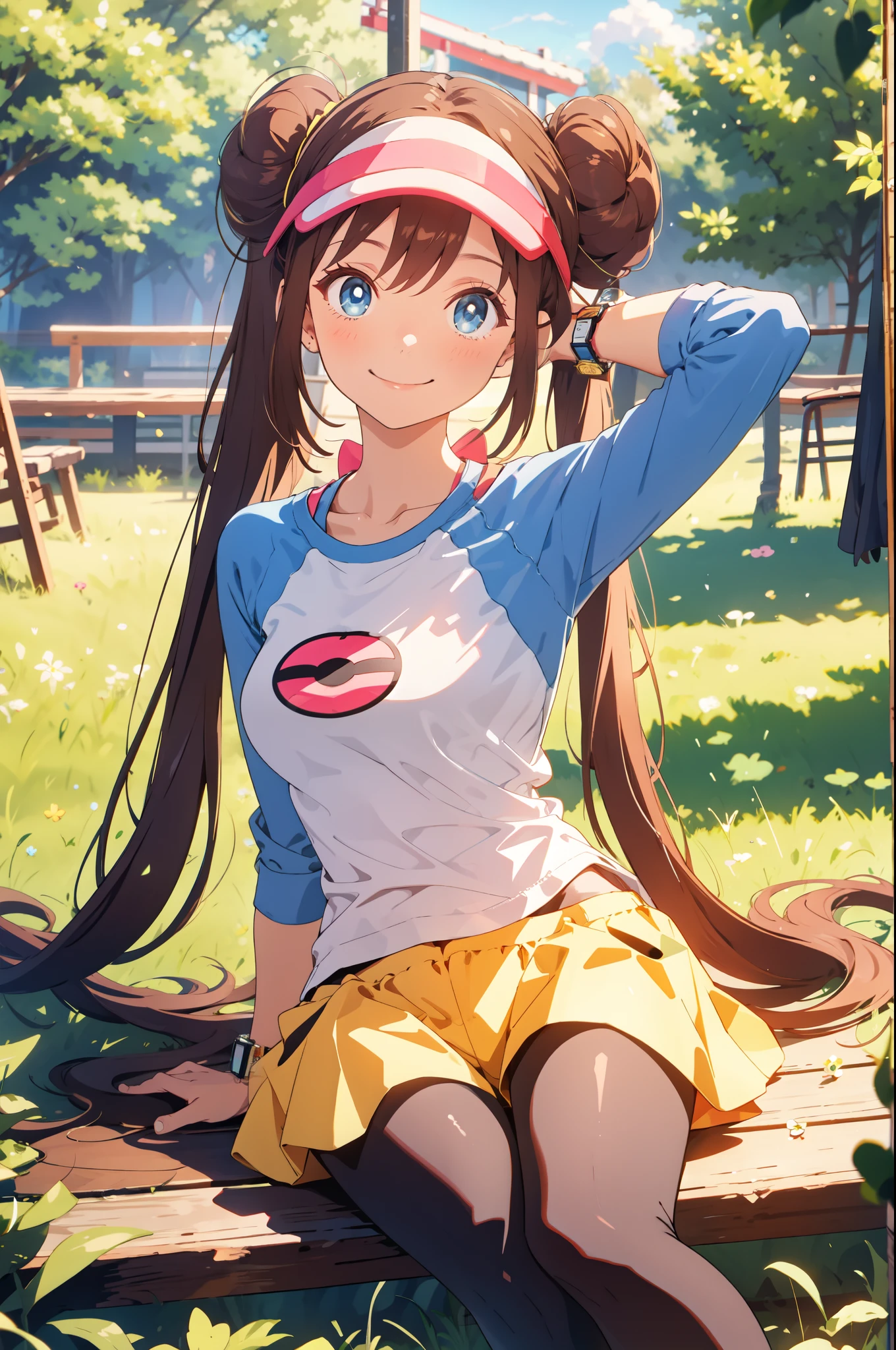 perfect eyes:1.2, detailed eyes:1.4, ro1, hair bun, smile, one eye closed:1.4, arms behind head, closed mouth, sitting on ground, on tree, relaxing, long hair:1.4, visor cap, pantyhose, raglan sleeves, yellow shorts, shirt, pink bow, wristwatch, blue eyes, twintails, cowboy shot, 1girl, solo, (masterpiece:1.6, best quality), 8k, insane details, intricate details, hyperdetailed, hyper quality, high detail, ultra detailed, professional, HDR, ray tracing reflection, cinematic lighting,