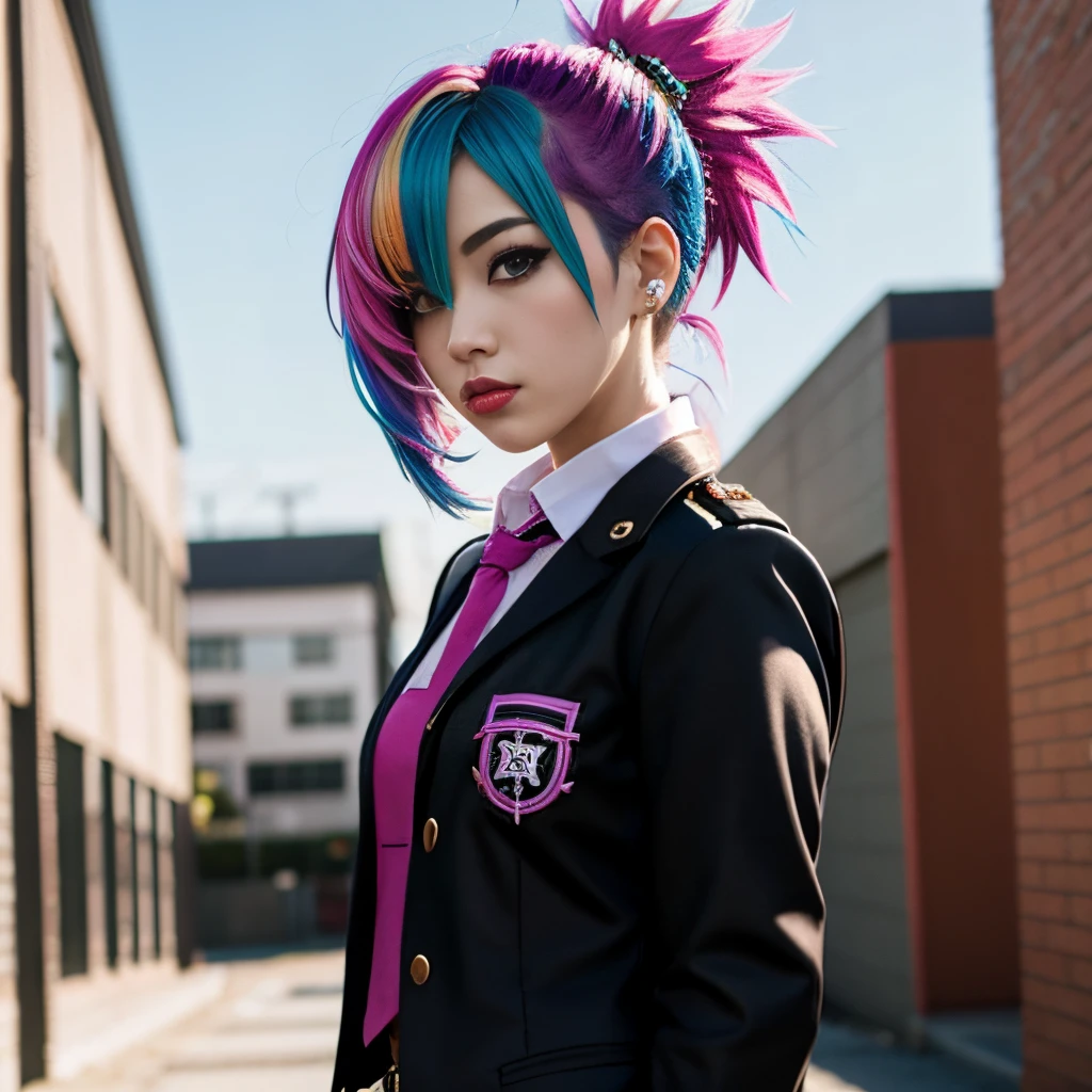 1girl, solo, mature, bimbo, gutter punk, school uniform, rainbow colored hair, serious, arrogant