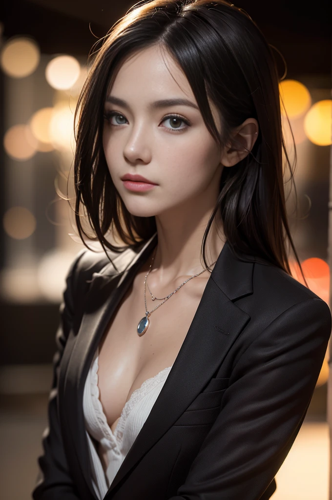 (Photoreal Stick:1.5, masutepiece:1.5, 8K), (top-quality, ​masterpiece, 超A high resolution), Professional camera work:1.4, Highly detailed skin and facial texture:1.3, Mystical portrait, Grow Light Effect, Perfect dynamic composition, The ultra-detailliert, night view at night:0.8, Dark atmosphere:0.8, (V-neck shirt:0.5, Black Tailored Suit, Suit jacket), Model body type, Clear face, Detailed hand, Beautiful and detailed eyes, (Enraptured look:0.7, i love you completely:0.7), A mouthfeel that feels beautiful eros, Dark brown medium hair, Small breasts, a necklace, Close-up portrait, Reflected light from the glass shines in