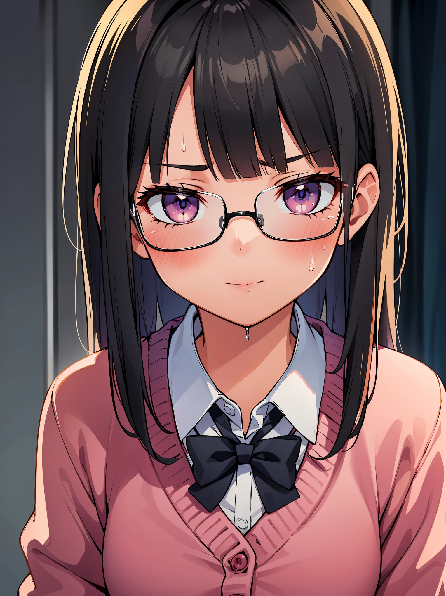 (in 8K, Raw photography, Best Quality, masutepiece: 1.2), high-definition RAW color photography, Professional Photography, Cinematic Light, (animesque:1.2), (1womanl), ((A dark-haired, Long Straight)), (The face is small), Beautiful eyes, long eyelashes, beautiful eyelids, slenderbody, ((high-school uniform, blazers, Pink cardigan)), ((serious faces, eye glass)), (((Close-up shot of the upper body))),((Face is wet)), ((Sweating)), Realistic, Highly detailed, Photography, masutepiece, High quality, High quality, hight resolution, Professional Lighting, (glistning skin:0.9),
