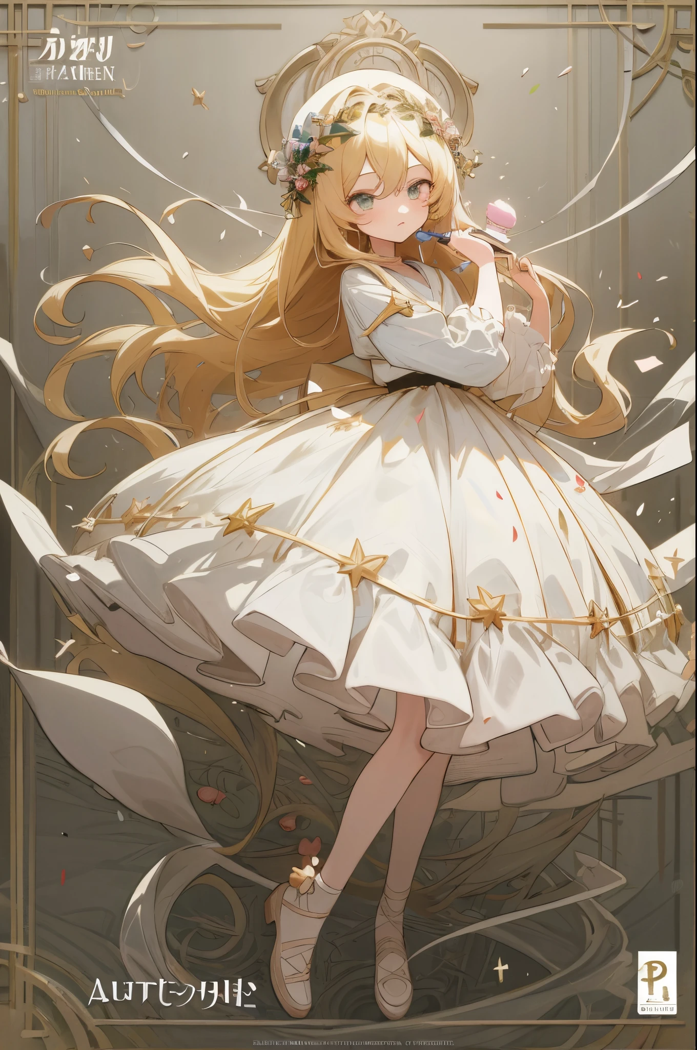 Anime poster with a light background and children's group confetti stars、anime cover、 anime work、 work of art、 Fan art、Gubes on pixiv Art Station、Kabashi、 high detail illustration、cute art style、digital anime illustration、Work in the Gwitz style、Key visual concept of anime、Guvits at Art Station、(extreamly delicate and beautiful)、(beautiful and detailed eye description)、ultra-detailliert、 tmasterpiece、 }} girl in lori clothes roses on the dress and headdress long blond hair full length blond shoes cupcake in hands