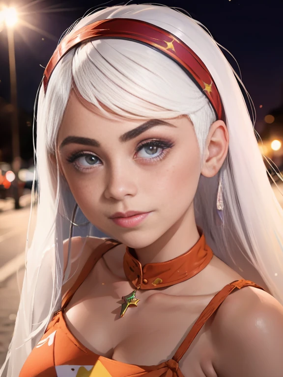 Photo of a 14-year-old European girl, RAW, beautiful girl, pecas en mejillas y nariz , smal boobs , hermosos  ojos azules( cabello largo blanco hair ), cabello largo blanco, albinismo  ((retrato)), ((Cara detallada:1.2)), ((Detailed facial features)), (Piel finamente detallada) ,lindo maquillaje, Purple eyeshadows on eyes (cool color), (Masutepiece) (proporciones perfectaotos realistas)(La mejor calidad), NffSW, (8k) (papel tapiz) (cinematic lighting) (Dramatic lighting) (foco nítido) (Enrevesado) , fondo variado , gran sonrisa labios rojos , labios abiertos, cuerpo completo, hermoso cuerpo , vestido de Santa Claus , adornos de navidad , Christmas Dress, foto de cuerpo completo , disfraz de Santa Claus rojo , hermosa sonrisa