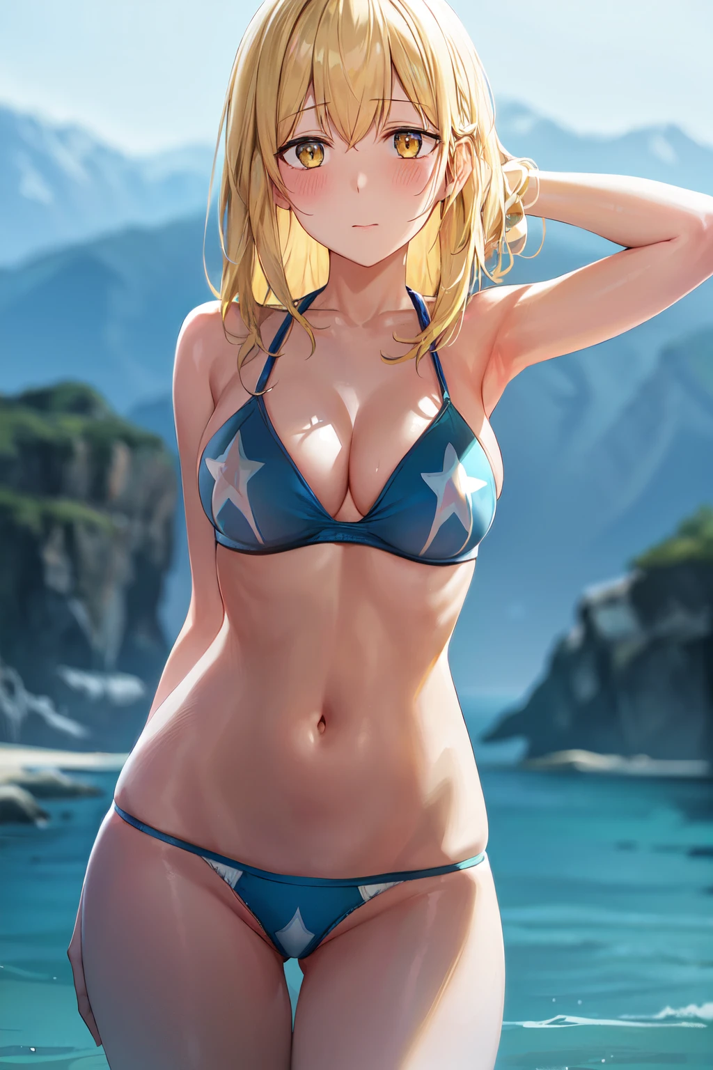 masterpiece, best quality, 1girl, looking at viewer, cute, bikini, seascape, medium breasts, yellow eyes,  aiz wallenstein,  yellow hair, beautiful detailed eyes, beautiful detailed glow, lots of glow, arms behind head, embarrassed, (cowboy shot:1.4),