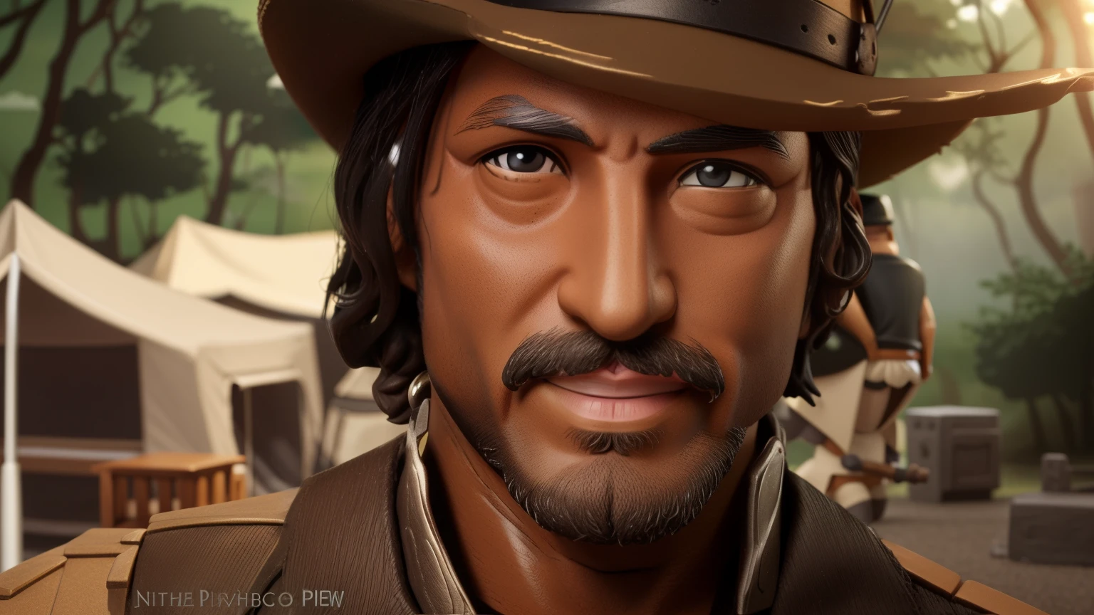 blind box toy style, goatee, black mustache, tan skin, black hat, black hair, tent in the background,