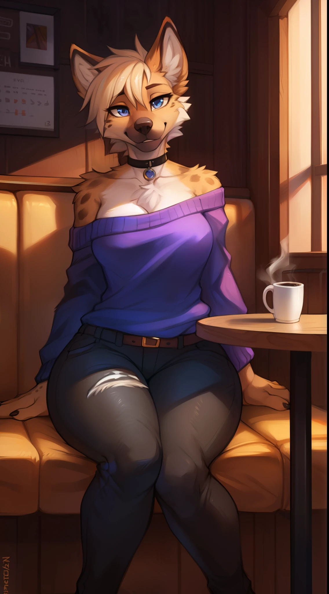 fluff-kevlar, by Zackary911, by Kenket, by Kilinah, by fluff-kevlar, (masterpiece), (best quality), (anthro furry:1.3, snout:1.2, anthro:1.3, furry:1.2, solo female:1.2), (extremely detailed:1.3), (extremely detailed eyes), (muscular figure, thick figure), (wide hips), (thick thighs), black jeans, choker, wearing an off-shoulder sweater, day time, (coffee shop background), sitting in a booth, (perfect posture, king expression), Draft Sketch (nsfw)))), uploaded the e621, beautiful and detailed,woman (((female))) ((anthro)) hyena, Ross Tran, by ruan jia, by zaush, by foxovh, lighting cinematic, seductor, hyena