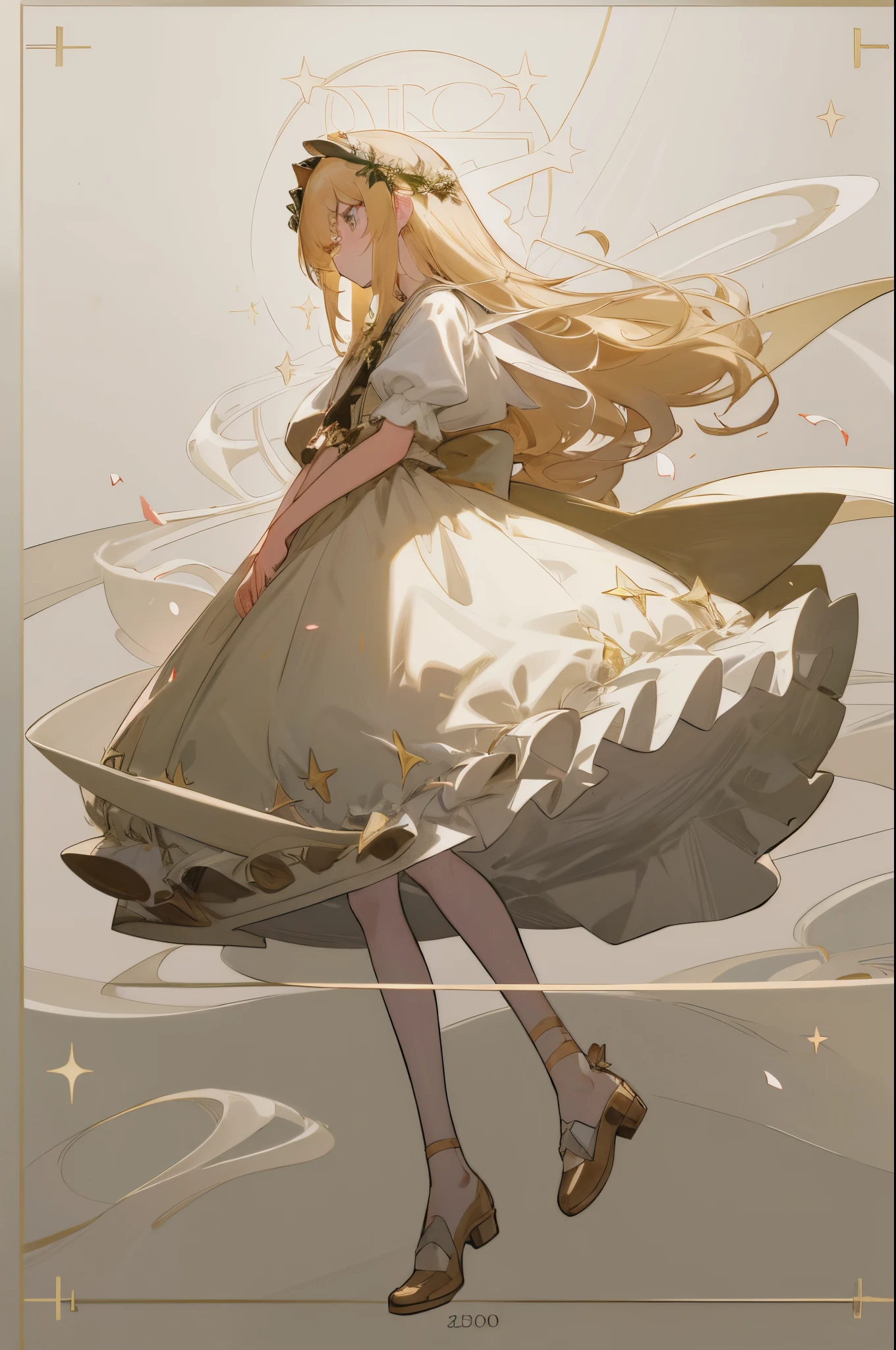 Anime poster with a light background and children's group confetti stars、anime cover、 anime work、 work of art、 Fan art、Gubes on pixiv Art Station、Kabashi、 high detail illustration、cute art style、digital anime illustration、Work in the Gwitz style、Key visual concept of anime、Guvits at Art Station、(extreamly delicate and beautiful)、(beautiful and detailed eye description)、ultra-detailliert、 tmasterpiece、 }} girl in lori clothes roses on the dress and headdress long blond hair full length blond shoes cupcake in hands