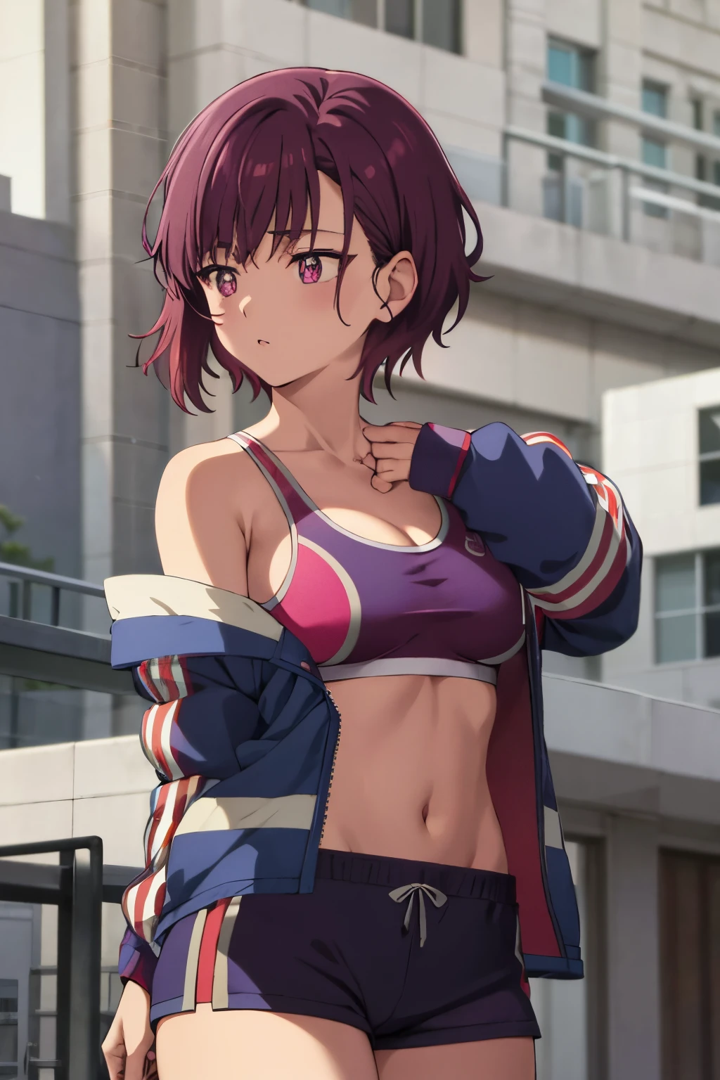 shizuka mikazuki, short hair, red hairpin, dark purple hair, purple eyes, pink sport bra, pink sport short, dark purple thighthigh, blue pink shoes, colorful jacket, outdoor high quality, best quality, ultra detailed, masterpiece, 1girl, young woman, big breast,