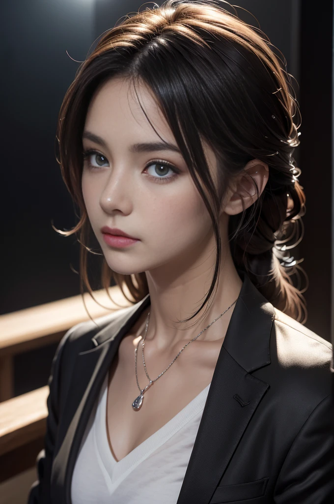 (Photoreal Stick:1.5, masutepiece:1.5, 8K), (top-quality, masterpiece, 超A high resolution), Professional camera work:1.4, Highly detailed skin and facial texture:1.3, Mystical portrait, Grow Light Effect, Perfect dynamic composition, The ultra-detailliert, (night view at night:0.6, Reflected light from the glass shines in:0.7, Dark atmosphere:0.8), (V-neck shirt:0.5, Black Tailored Suit, Suit jacket), Model body type, Clear face, Detailed hand, Beautiful and detailed eyes, (Enraptured look:0.7, i love you completely:0.7), A mouthfeel that feels beautiful eros, Dark brown medium hair, Small breasts, a necklace, Close-up portrait