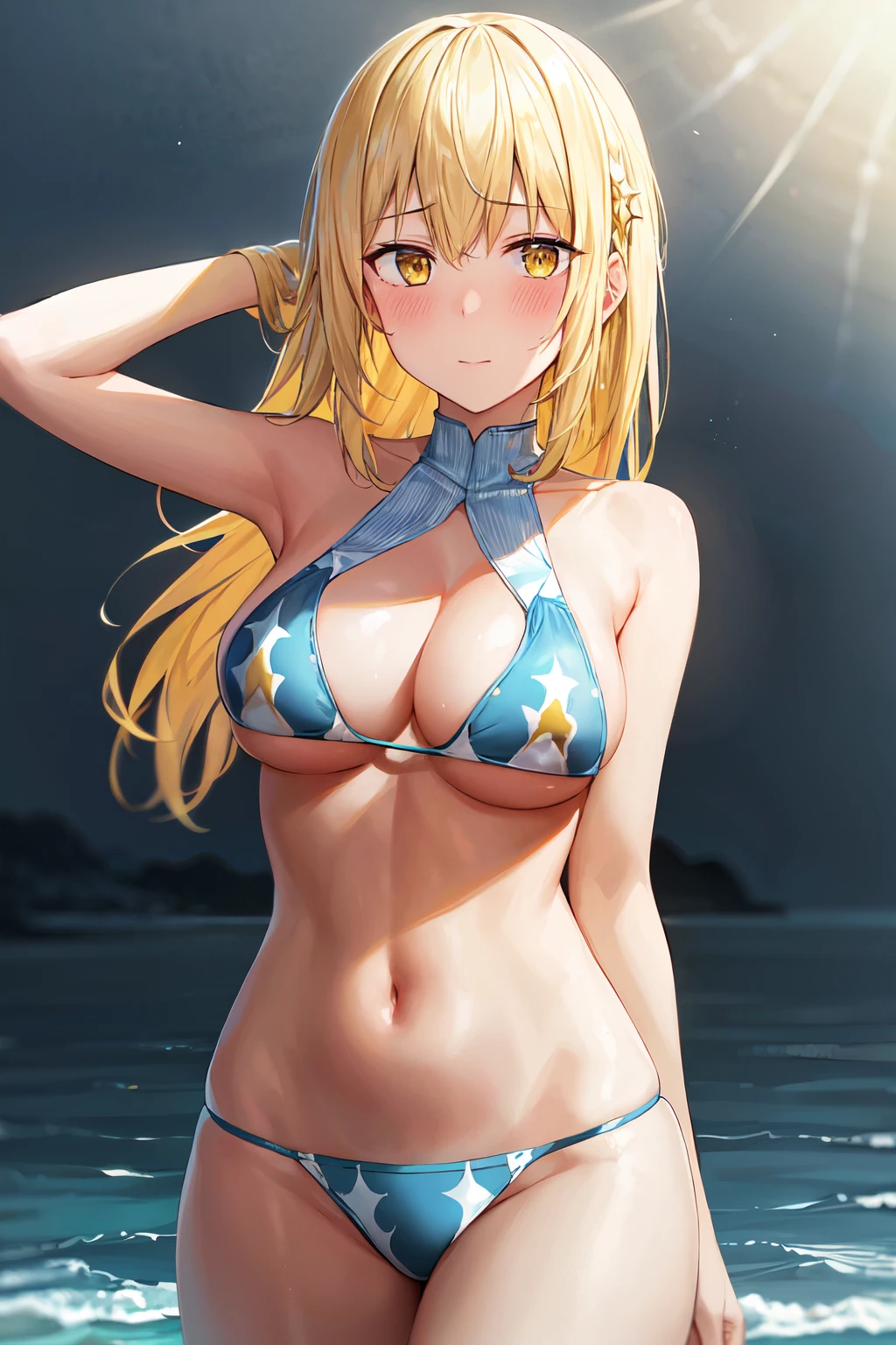 masterpiece, best quality, 1girl, looking at viewer, cute, bikini, seascape, medium breasts, yellow eyes,  aiz wallenstein,  yellow hair, beautiful detailed eyes, beautiful detailed glow, lots of glow, arms behind head, embarrassed, (cowboy shot:1.4),