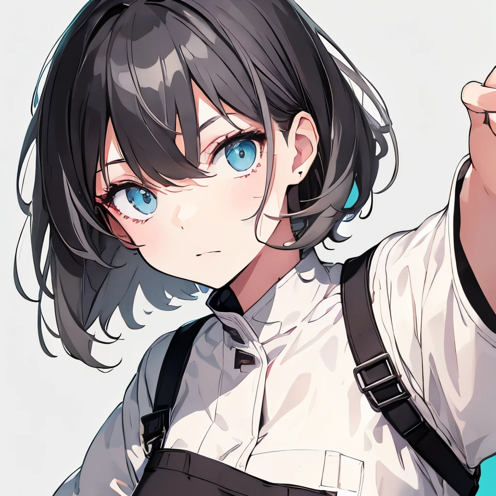 【Highest Quality, masutepiece】 [1 girl in, Manteau, expressioness, turquoise Eyes, front facing, Jet-black hair,straight haired, Bery short hair ,Cafe Apron] (Gray white background:1.5),