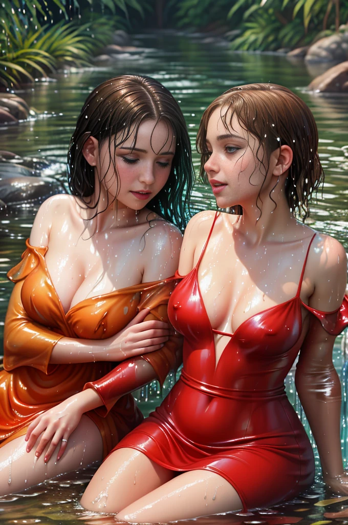 Two women sitting in the water, red dress, expensive dress, long sleeves, closeup fantasy with water magic, beautiful maidens, lesbian, looking at each other, leaning in, touching, lips touching, wearing a dress made of water, lots of cleavage, breasts touching, realistic oil painting, dripping wet, in water up to her shoulders, beautiful realistic painting, nymph in the water, hyperrealist portrait in a river, hyperrealistic fantasy art, splashing, realistic fantasy painting, cute shot, narrow depth of field, 8k, nsfw, drenched, ((soaked)), dripping water, dripping oil, heavy clothes, soaked in oil, wet all over, rouge lipstick, wet dripping hair, transparent