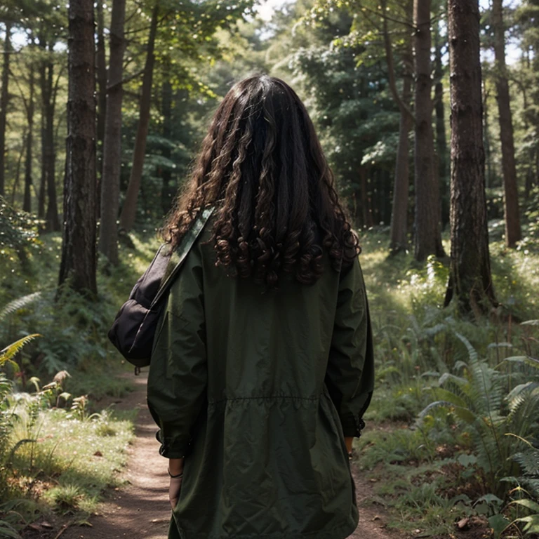 Only the back of a black girl with brown skin and black curly hair standing in the green forest while wearing green clothes.