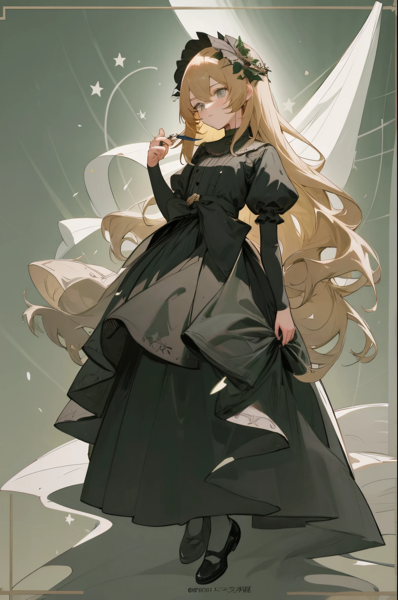 Anime poster with dark gray green background and children's group confetti stars、anime cover、 anime work、 work of art、 Fan art、Gubes on pixiv Art Station、Kabashi、 high detail illustration、cute art style、digital anime illustration、Work in the Gwitz style、Key visual concept of anime、Guvits at Art Station、(extreamly delicate and beautiful)、(beautiful and detailed eye description)、ultra-detailliert、 tmasterpiece、 }} girl in gothic clothes, roses on her dress and headdress, full-length blond long hair, black shoes