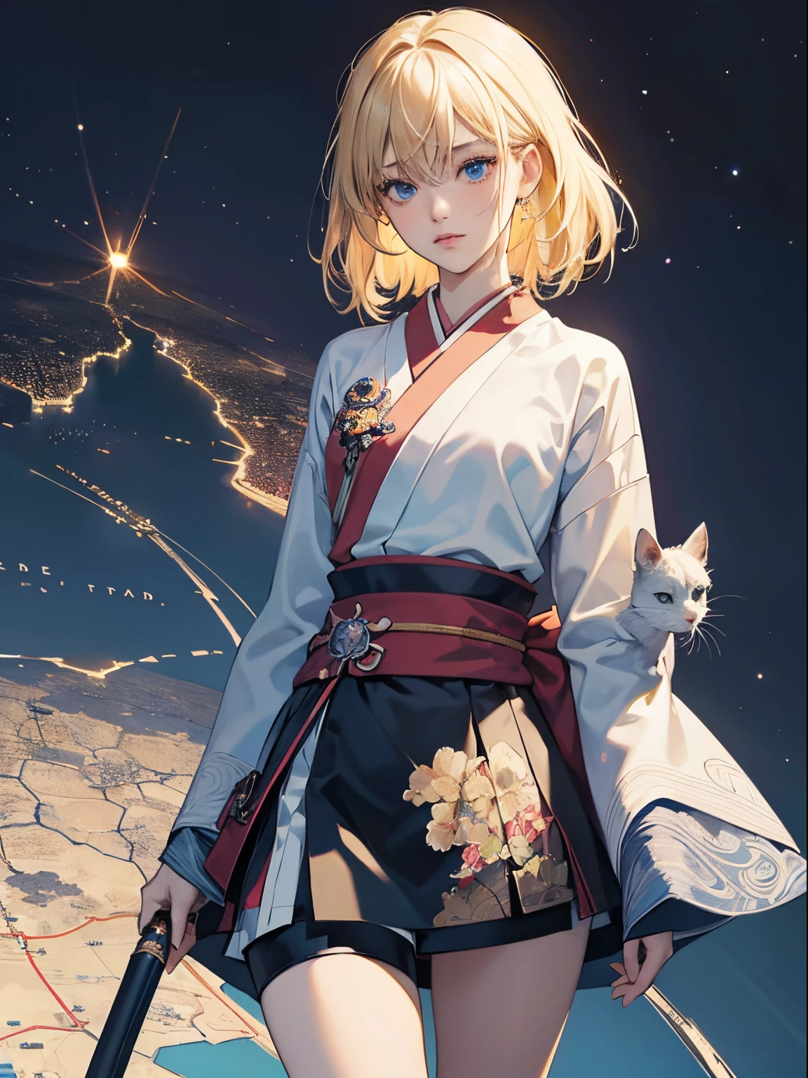 Alexander Mikalchuk, Takeshi Obata, Surreal, mysterious, strange, fantastical, fantasy, Sci-fi, Japanese anime, walk on the map, beautiful blonde miniskirt girl Alice, perfect body, on paper with a cat, detailed masterpiece cinematic lighting