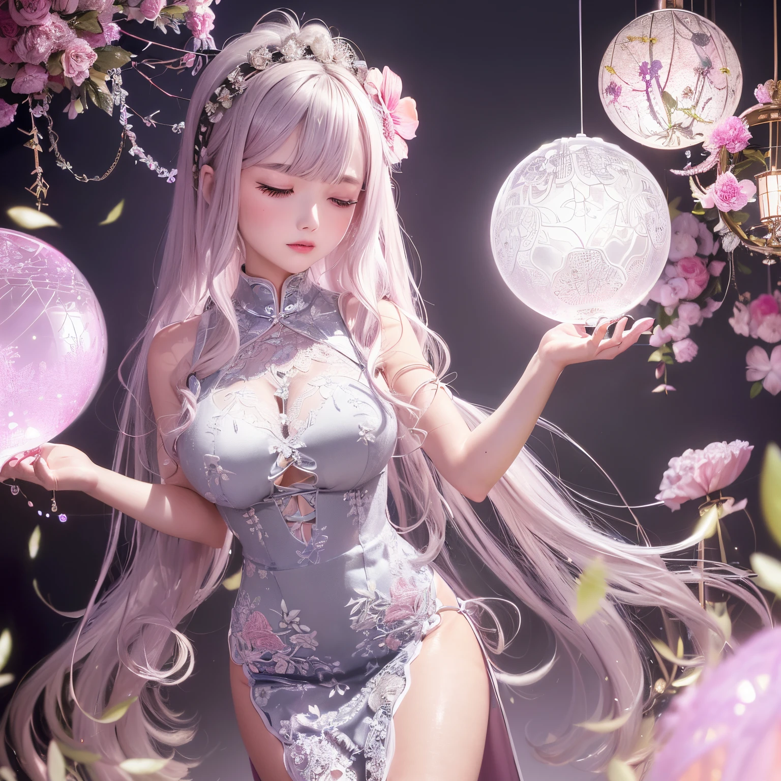 The upper part of the body、one girls、i have silver hair color、Two-tone、(Pink Highlight Hair、Curly hair/floral hair band、very Bigger breasts、(The highlight is the gorgeous floral lace)qipao dress、With slit、Shining magic circle、Countless glowing spheres float、Glowing soap bubbles、shining chandelier
