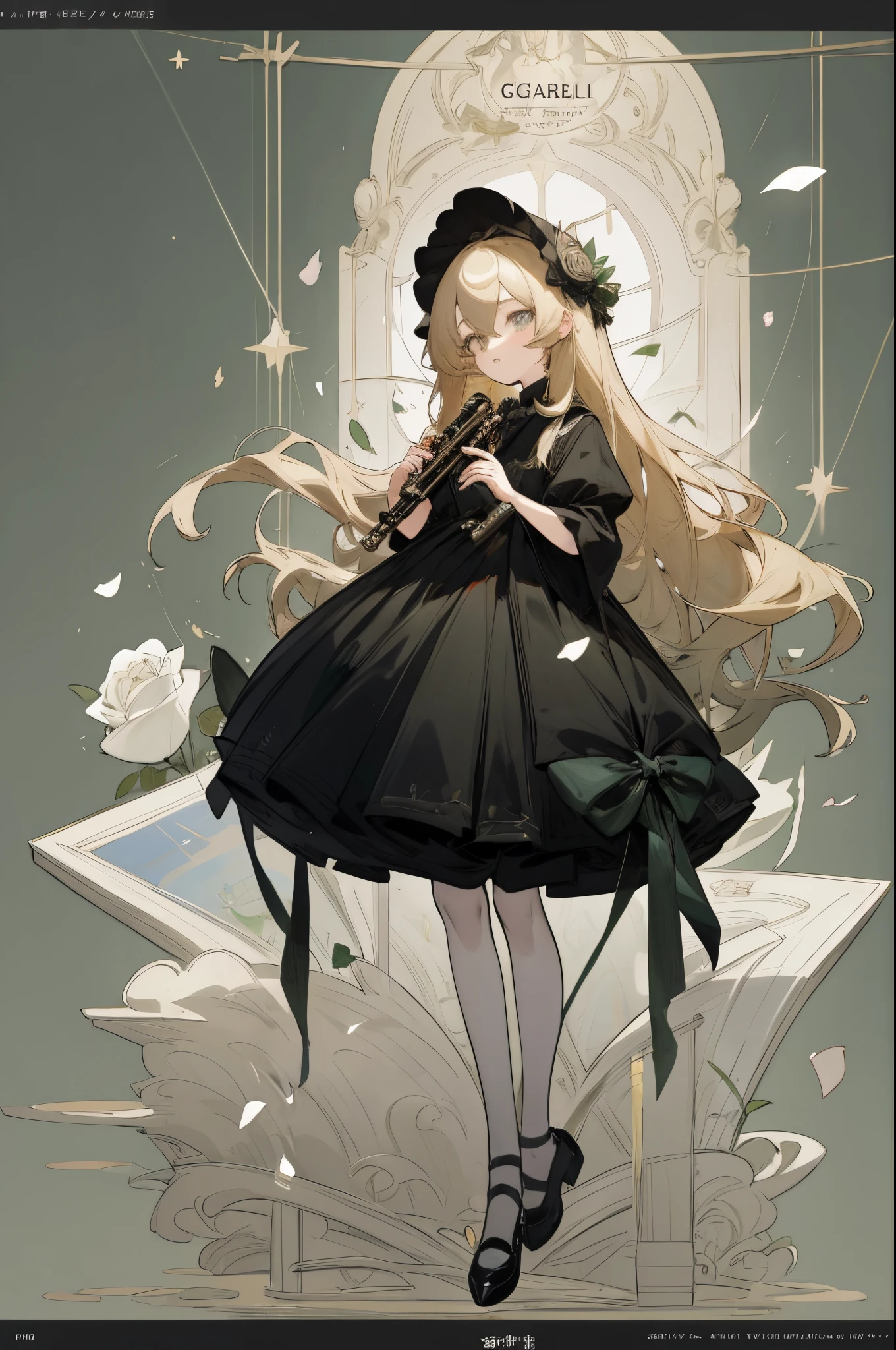 Anime poster with dark gray green background and children's group confetti stars、anime cover、 anime work、 work of art、 Fan art、Gubes on pixiv Art Station、Kabashi、 high detail illustration、cute art style、digital anime illustration、Work in the Gwitz style、Key visual concept of anime、Guvits at Art Station、(extreamly delicate and beautiful)、(beautiful and detailed eye description)、ultra-detailliert、 tmasterpiece、 }} a girl with a musical instrument clarinet in her hands in Gothic clothes, roses on her dress and headdress, full-length blond long hair, black shoes