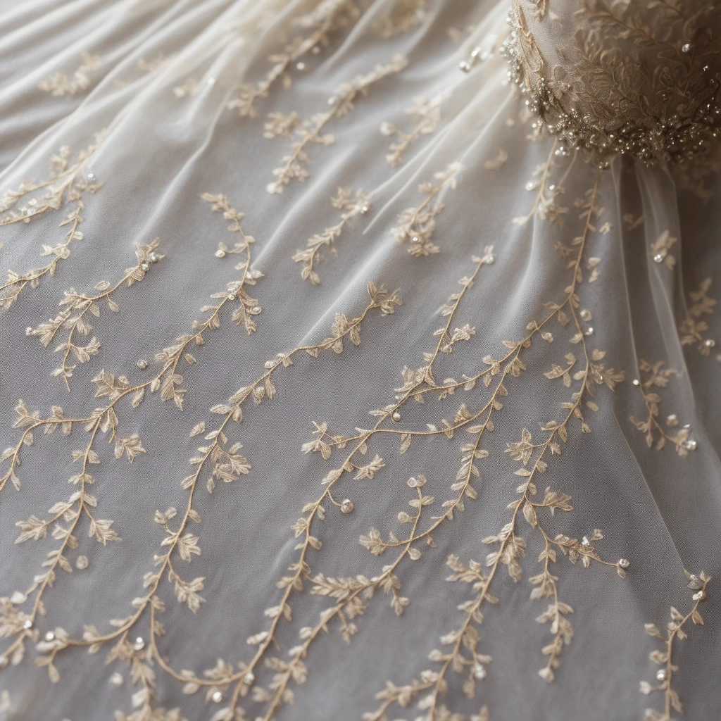 Bride&#39;s veil with detailed embroidery、blanche、Beautiful fece、rococo pattern、Embroidery with silver thread on a white background、Decorate with pearl-like beads,Close-up photo of the beautiful bride&#39;s veil on the wedding day,,Studio Lighting,photogenic,Photographed by a professional,​masterpiece