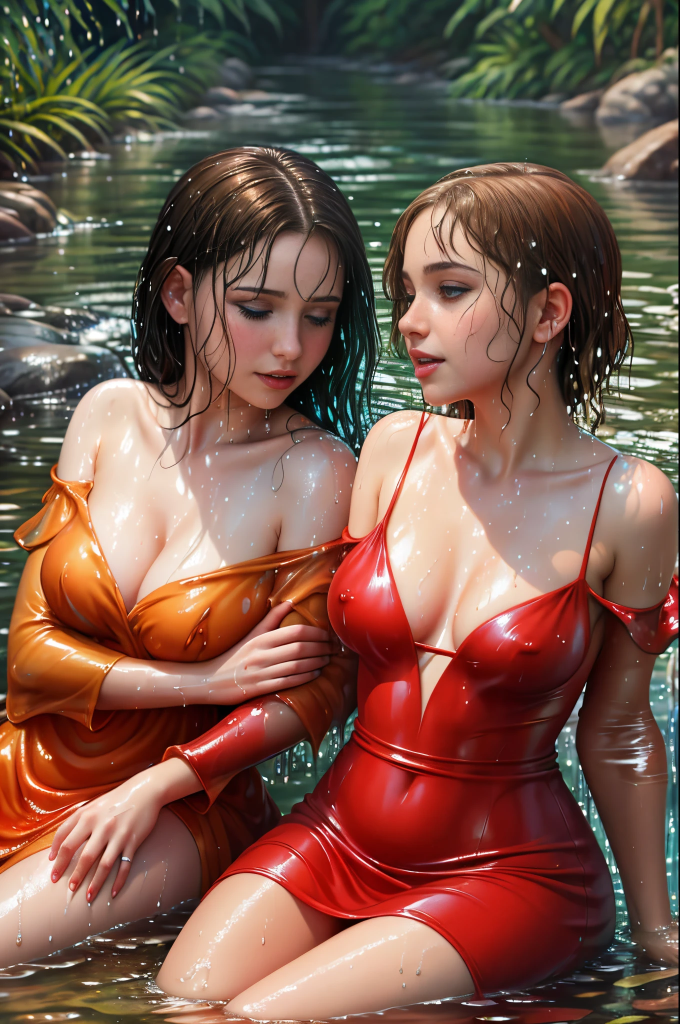 Two women sitting in the water, red dress, s, thick, expensive dress, long sleeves, closeup fantasy with water magic, beautiful maidens, lesbian, looking at each other, leaning in, touching, lips touching, wearing a dress made of water, lots of cleavage, breasts touching, realistic oil painting, dripping wet, in water up to her shoulders, beautiful realistic painting, nymph in the water, hyperrealist portrait in a river, hyperrealistic fantasy art, splashing, realistic fantasy painting, cute shot, narrow depth of field, 8k, nsfw, drenched, ((soaked)), dripping water, dripping oil, heavy clothes, soaked in oil, wet all over, rouge lipstick, wet dripping hair, transparent