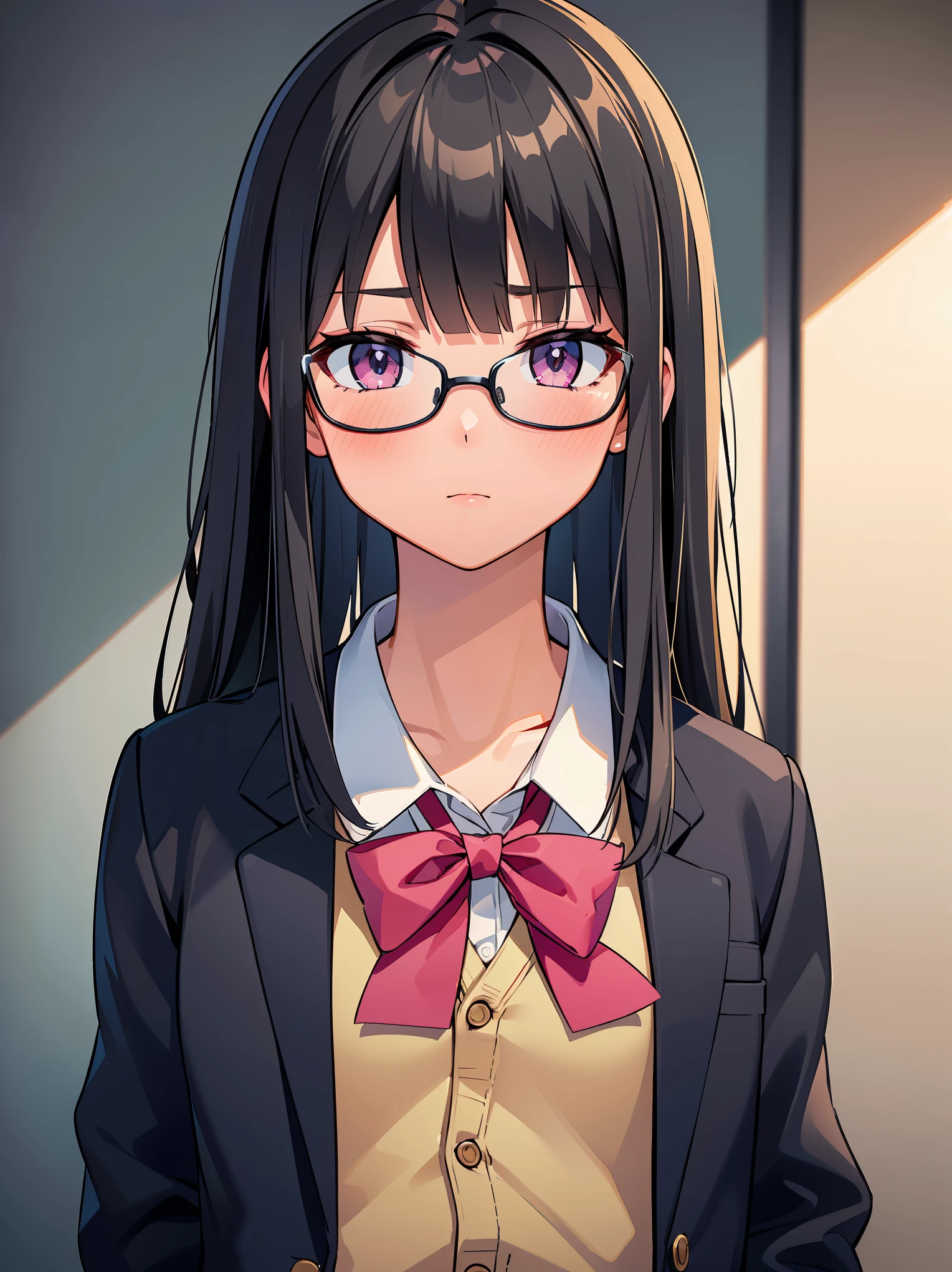 (in 8K, Raw photography, Best Quality, masutepiece: 1.2), high-definition RAW color photography, Professional Photography, Cinematic Light, (animesque:1.2), (1womanl), ((A dark-haired, Long Straight)), (The face is small), Beautiful eyes, long eyelashes, beautiful eyelids, slenderbody, ((high-school uniform, blazers, Pink cardigan)), ((serious faces, eye glass)), (((Close-up shot of the upper body))),((full-face blush)), Realistic, Highly detailed, Photography, masutepiece, High quality, High quality, hight resolution, Professional Lighting, (glistning skin:0.9),