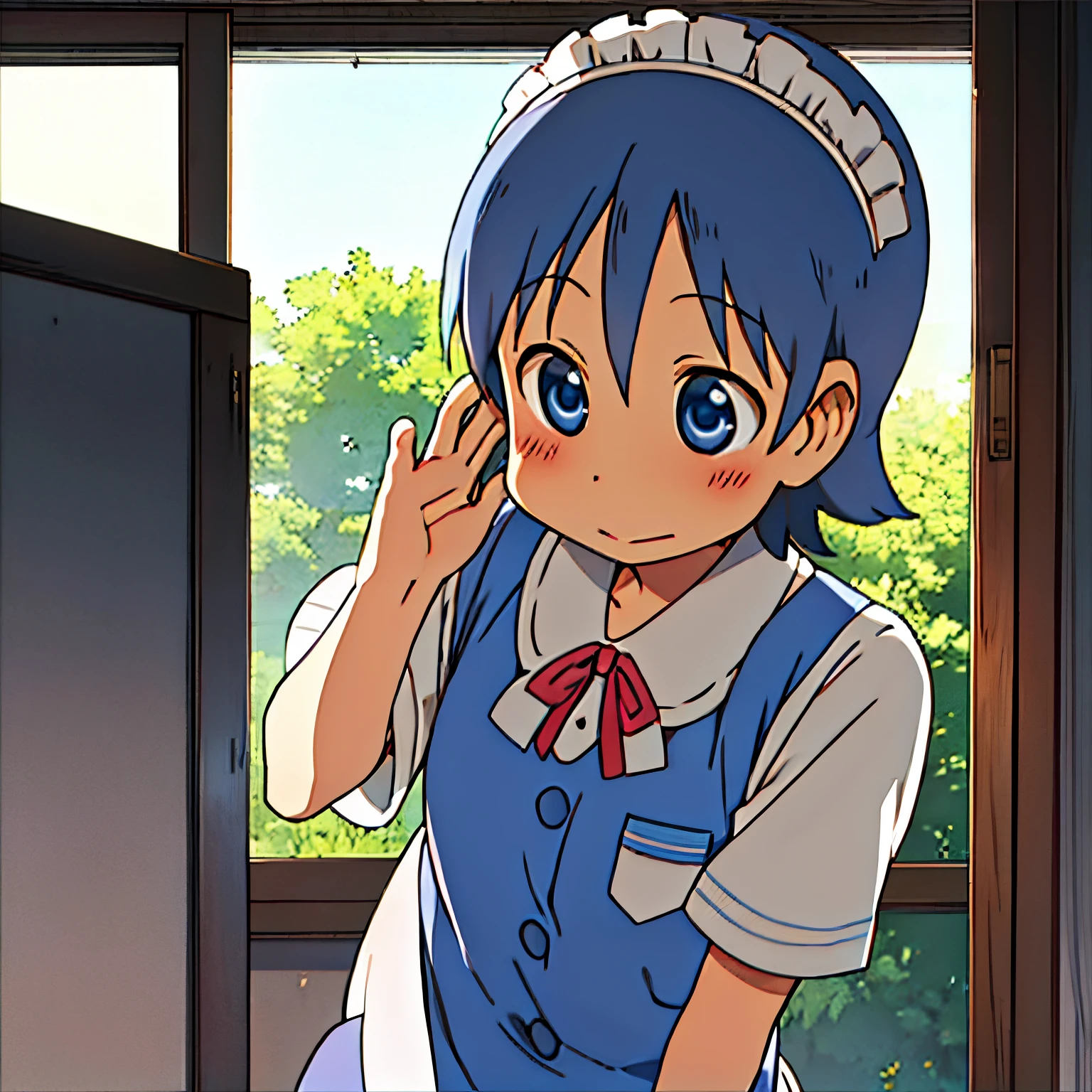 aioi yuuko, Maid outfit, blushing, looking away, dark blue hair, short hair, blue eyes