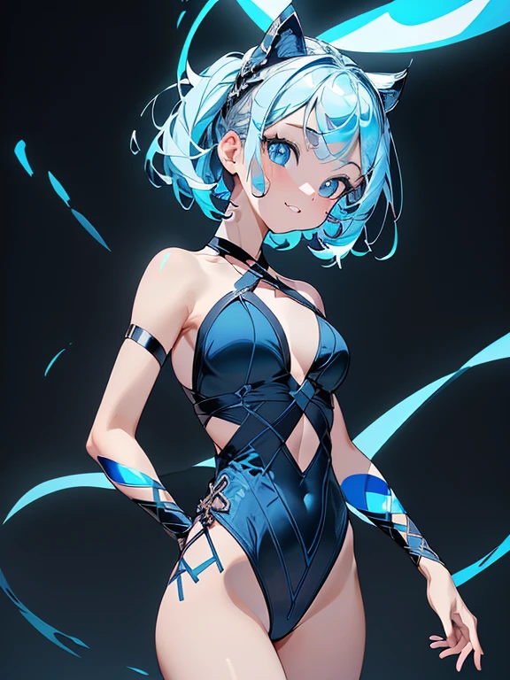 ((​masterpiece、top-quality:1.5、a high chroma:1.5、ultra-detailliert、high-resolution illustrations:1.5、Ultra-high-definition CG、8k size wallpaper、offcial art))、,(highly colorful:1.5),(front view:1.5),(1girl),(Cute little girl:1.5)、(Shining blue eyes:1.5),(Beautiful face:1.5,Beautiful eyes:1.5)、(close to viewer:1.5),
(forced smile:1.3)、(???? body),(criss-cross halter leotard:1.5), (Beautiful criss-cross halter leotard in every detail),(high heel boots),(??????????????:1.5),,(Shining blue eyes:1.8)、(cowboy shot:1.5)、(), ,,​​colourfull、