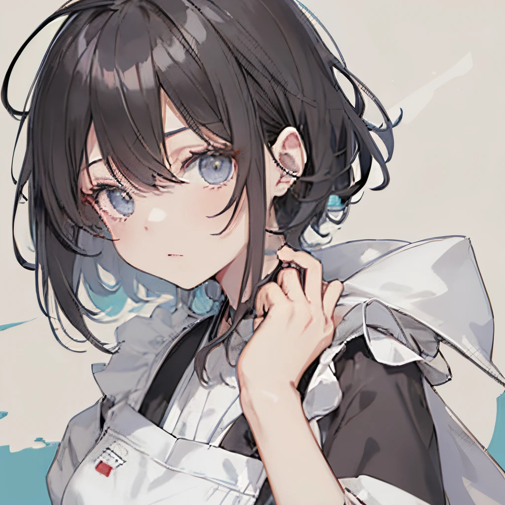【Highest Quality, masutepiece】 [1 girl in, Manteau, expressioness, turquoise Eyes, front facing, Jet-black hair,straight haired, Bery short hair ,black Cafe Apron] (Gray white background:1.5),