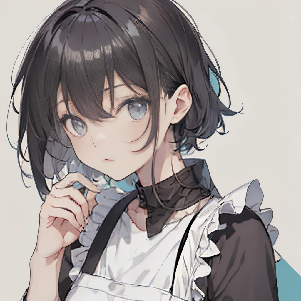 【Highest Quality, masutepiece】 [1 girl in, Manteau, expressioness, turquoise Eyes, front facing, Jet-black hair,straight haired, Bery short hair ,black Cafe Apron] (Gray white background:1.5),