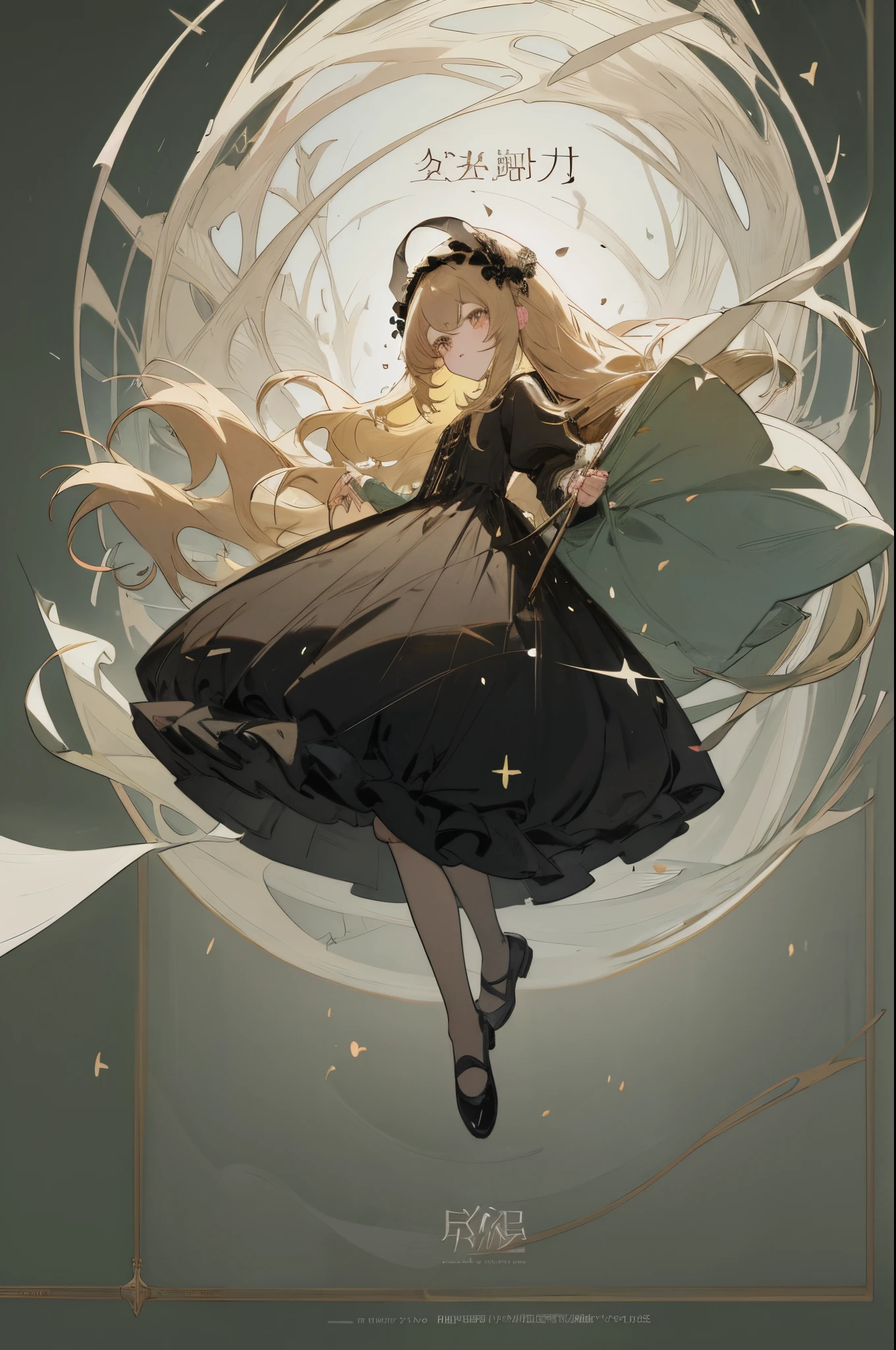 Anime poster with dark gray green background and children's group confetti stars、anime cover、 anime work、 work of art、 Fan art、Gubes on pixiv Art Station、Kabashi、 high detail illustration、cute art style、digital anime illustration、Work in the Gwitz style、Key visual concept of anime、Guvits at Art Station、(extreamly delicate and beautiful)、(beautiful and detailed eye description)、ultra-detailliert、 tmasterpiece、 }} a girl with a musical instrument, bells in her hands, in gothic clothes, roses on her dress and headdress, full-length blond long hair, black shoes