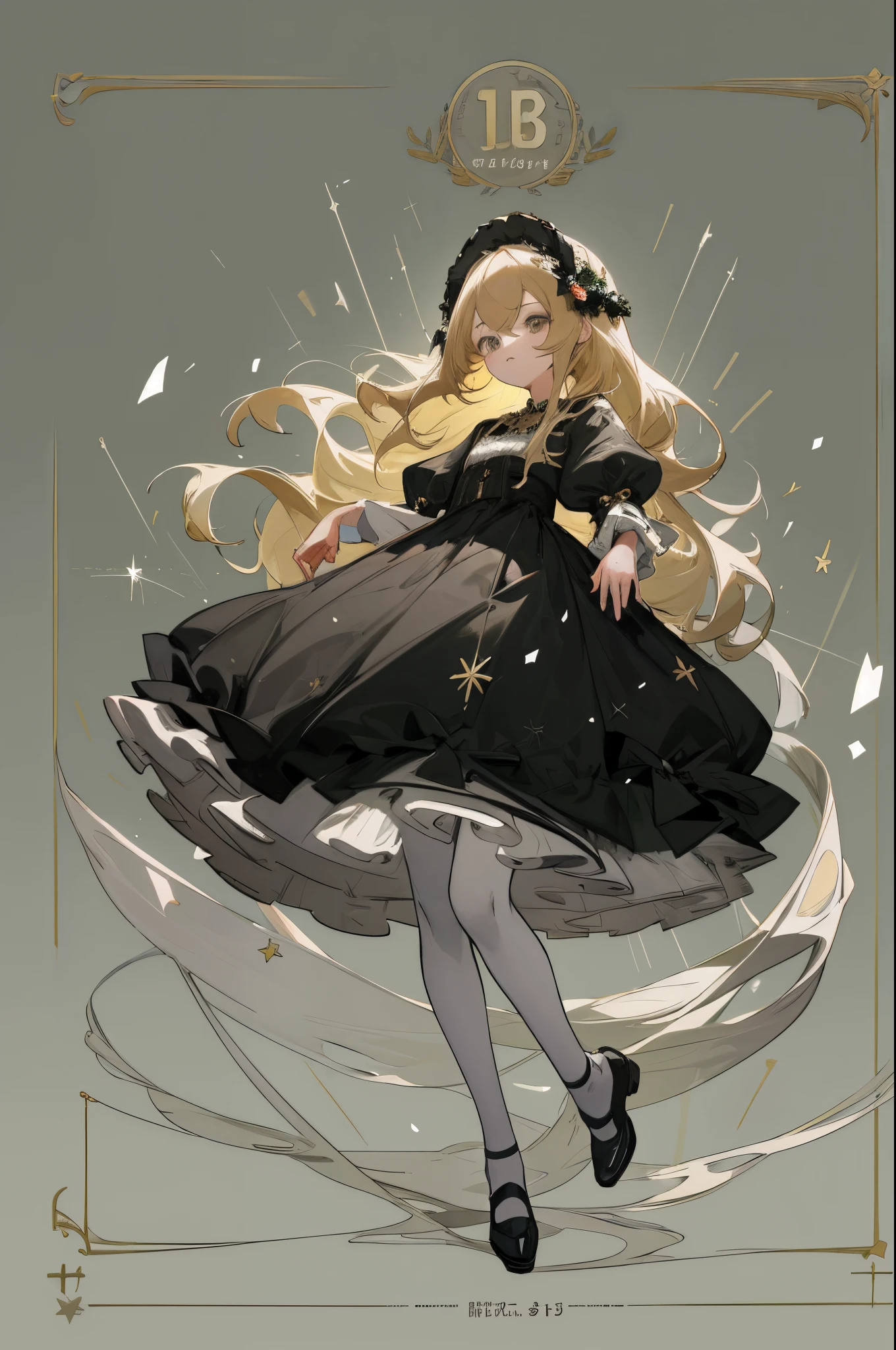 Anime poster with dark gray green background and children's group confetti stars、anime cover、 anime work、 work of art、 Fan art、Gubes on pixiv Art Station、Kabashi、 high detail illustration、cute art style、digital anime illustration、Work in the Gwitz style、Key visual concept of anime、Guvits at Art Station、(extreamly delicate and beautiful)、(beautiful and detailed eye description)、ultra-detailliert、 tmasterpiece、 }} a girl with bells in her hands in Gothic clothes, roses on her dress and headdress, blond long hair in full length, black shoes