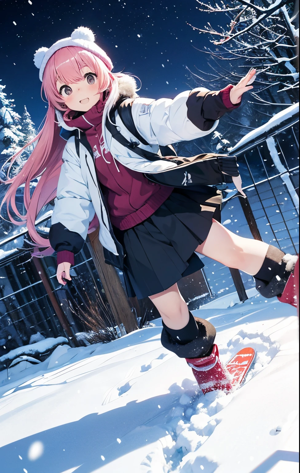 masutepiece, Best Quality, hight resolution,tree background,Anime girl sliding on a snowboard in the snow, In the snow, in snow, (Snow), at winter, yuruyuri, akiko takase, winter snow, Illustration!, snowy day, Inspired by Miwa Komatsu, lain iwakura, yuru camp, tsugumi ohba, snow snow, aya takano color style