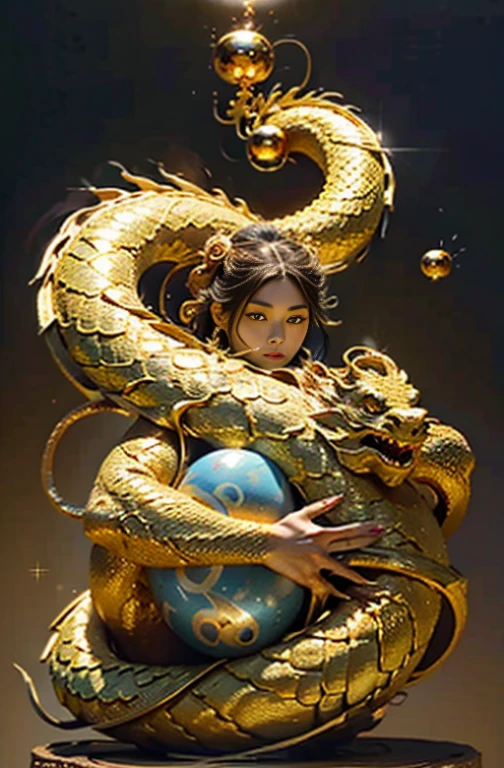 gold dragonborn, female, lying down, (tail coiled around globe:1.3), claws, golden skin, medium breasts, seductive