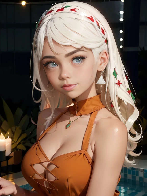 Photo of a 14-year-old European girl, RAW, beautiful girl, pecas en mejillas y nariz , smal boobs , hermosos  ojos azules ( cabello largo blanco hair ), cabello largo blanco, albinismo  ((retrato)), ((Cara detallada:1.2)), ((Detailed facial features)), (Piel finamente detallada) ,lindo maquillaje, (cool color), (Masutepiece) (proporciones perfectaotos realistas)(La mejor calidad), NffSW, (8k) (papel tapiz) (cinematic lighting) (Dramatic lighting) (foco nítido) (Enrevesado) , fondo variado , linda sonrisa, cuerpo completo, hermoso cuerpo , vestido de Santa Claus , adornos de navidad , Christmas Dress, foto de cuerpo completo , disfraz de Santa Claus rojo , hermosa sonrisa
