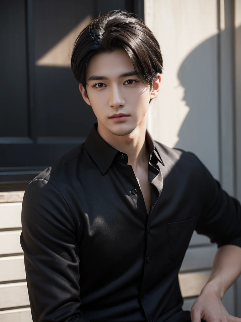 a handsome,Young men, Exactly the same black hair in real life , realistic outfit ,Realistic light, realistic shadow, Realism, Hyper realistic,(Photorealistic:1.2), normal small eyes