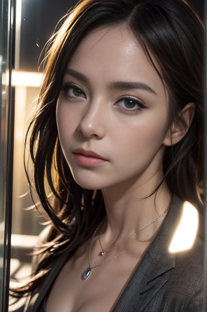 (Photoreal Stick:1.5, masutepiece:1.5, 8K), (top-quality, masterpiece, 超A high resolution), Professional camera work:1.4, Highly detailed skin and facial texture:1.3, Mystical portrait, Grow Light Effect, Perfect dynamic composition, The ultra-detailliert, ((Dark atmosphere, night view at night, Reflected light from the glass shines in)), (V-neck shirt:0.5, Black Tailored Suit, Suit jacket), Model body type, Clear face, Detailed hand, Beautiful and detailed eyes, (Enraptured look:0.7, i love you completely:0.7), A mouthfeel that feels beautiful eros, Dark brown medium hair, Small breasts, a necklace, Close-up portrait