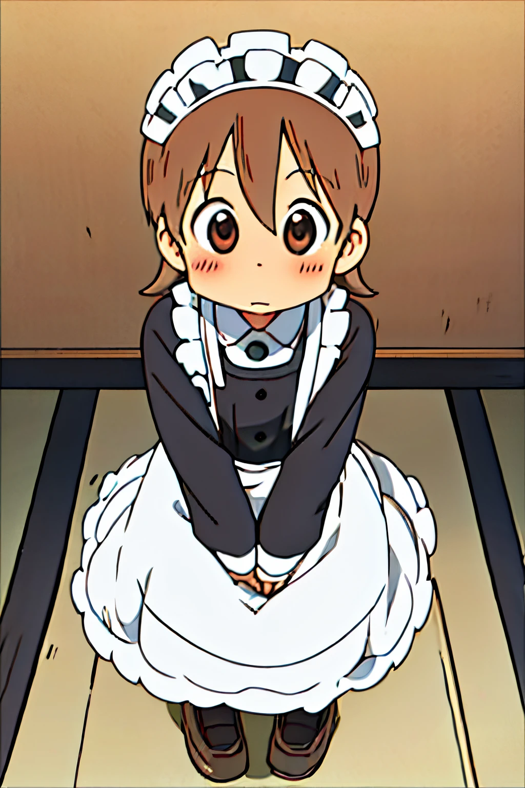 aioi yuuko, black and white maid outfit, blushing, looking away, brown hair, short hair, brown eyes, full body, looking at viewer, face forward