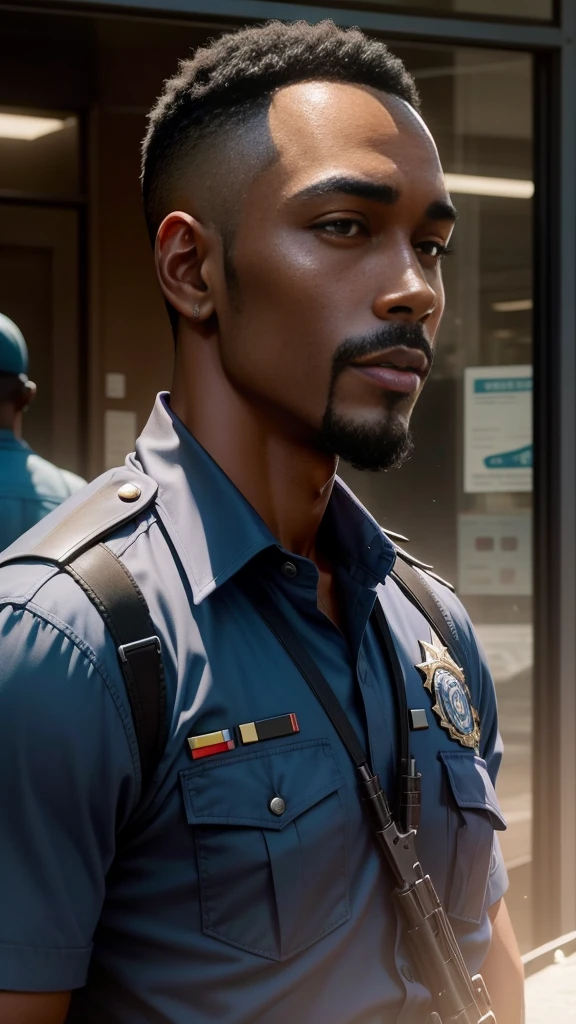 Dark skin, black, police man, mid 40s, short hair,